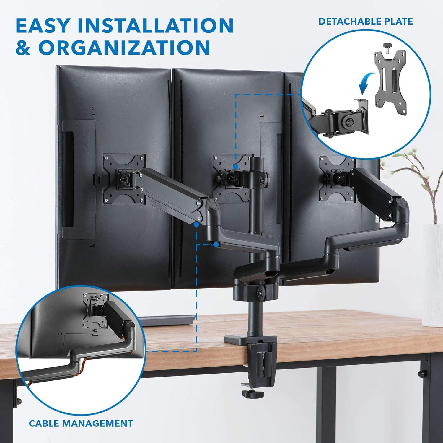 Mount-It! Triple Monitor Mount - 3 Monitor Stand for Gamers and Professionals Fits Curved or Flat Screens from 17 to 27 Inches, 15 Lbs per Screen