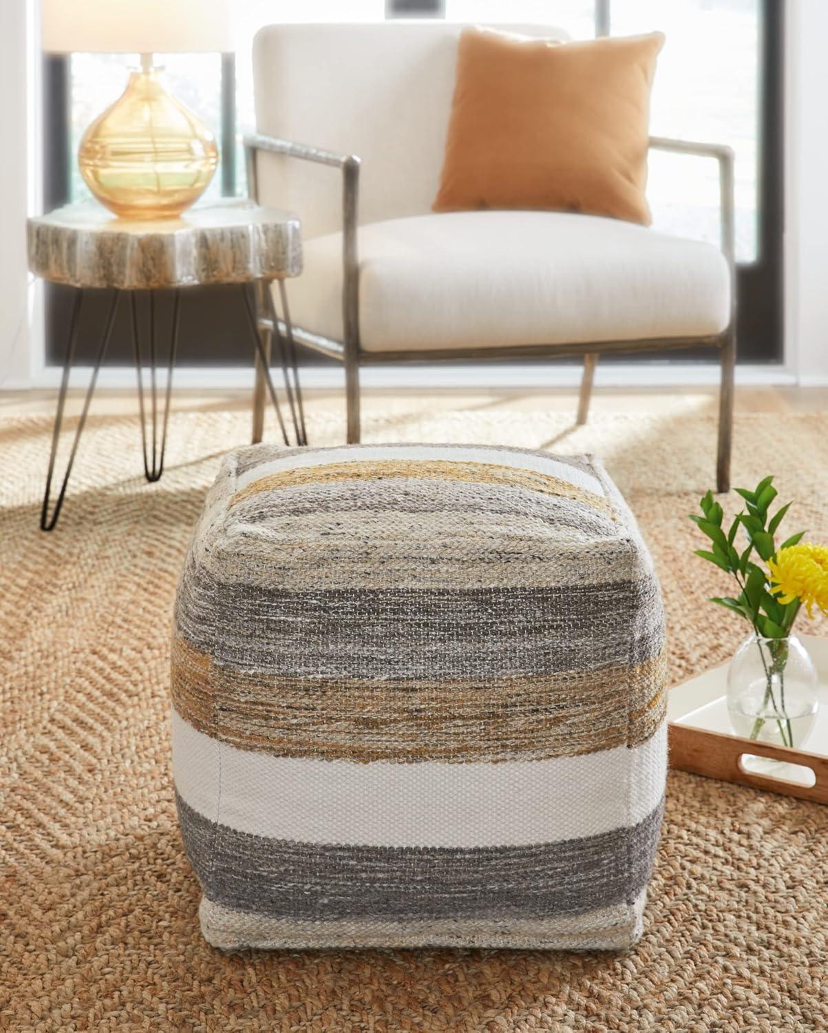 Beige and Gray Handwoven Wool Pouf Ottoman