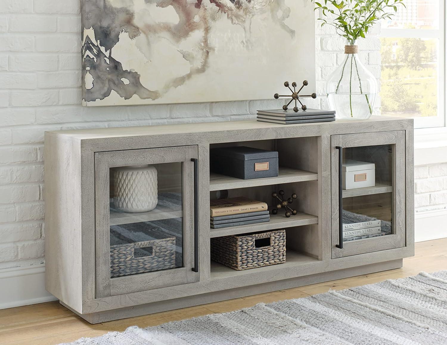 Gray Mango Wood Transitional Accent Cabinet with Glass Doors