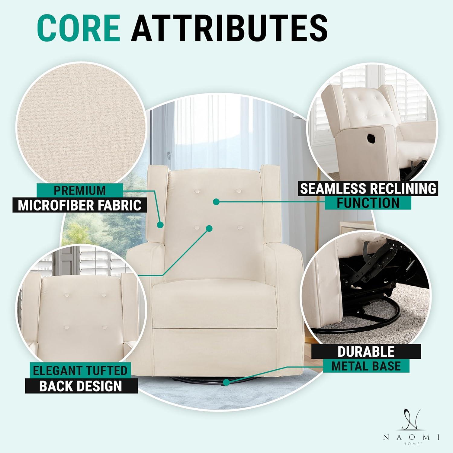 Odelia 360 Swivel Glider Rocker Recliner, Tufted Nursery Chair with Manual Puller, Plush Cushioning, Soothing Rocking Motion with Microfiber Fabric for Living Room, Bedroom, Apartment Cream