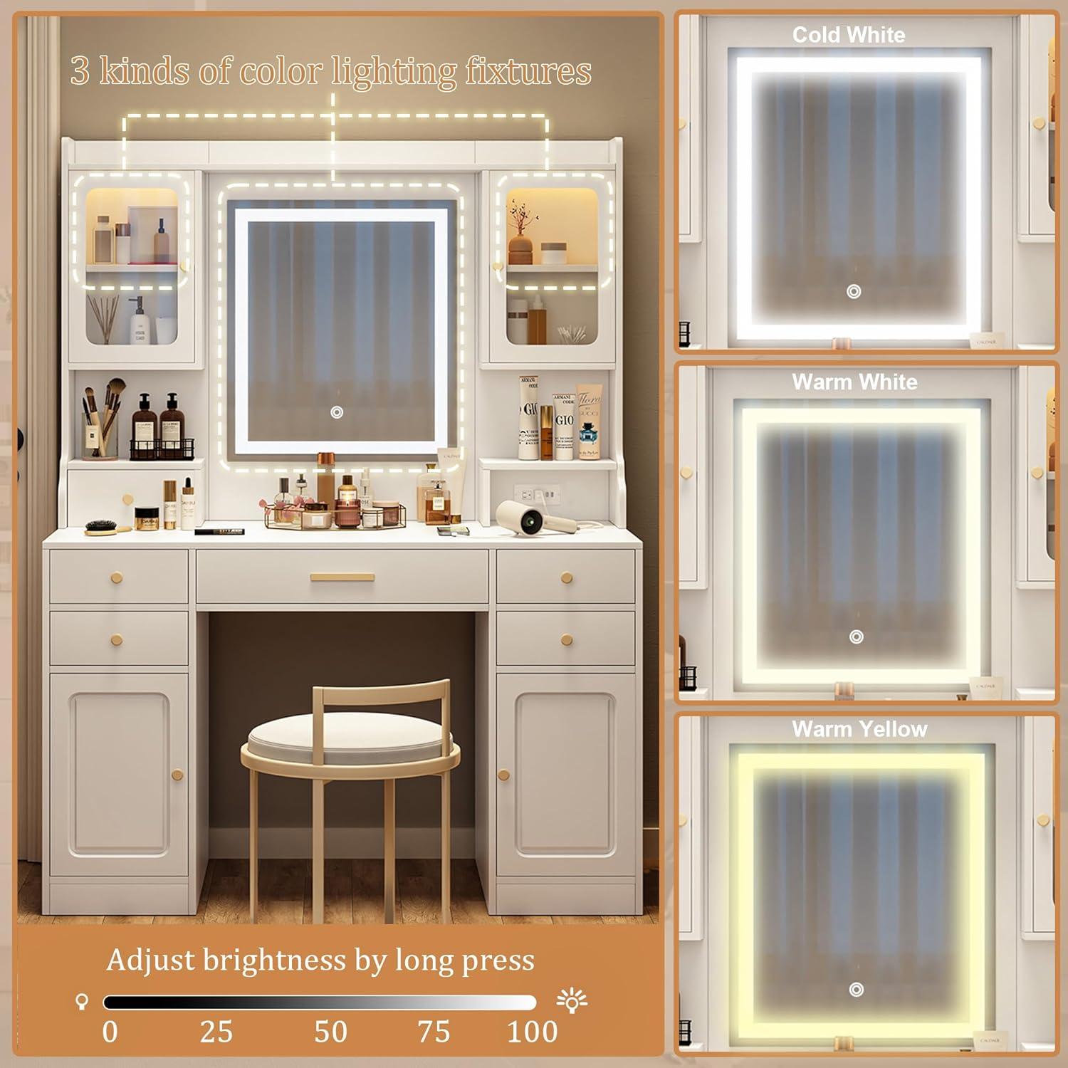 Makeup Vanity Desk with Mirror and Lights, Large Vanity Table Set with 6 Drawers & 2 Storage Cabinet & Shelves with Doors, with Charging Station, 3 Lighting Modes Brightness Adjustable