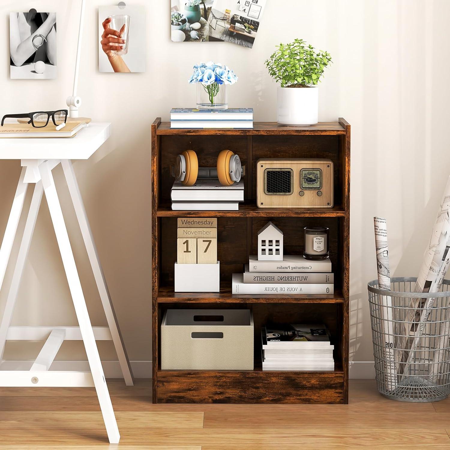 Tangkula 3-Tier Bookcase Open Bookshelf Cube Storage Organizer Floor Standing Display Bookcase with Adjustable Shelves Rustic Brown/Black/White