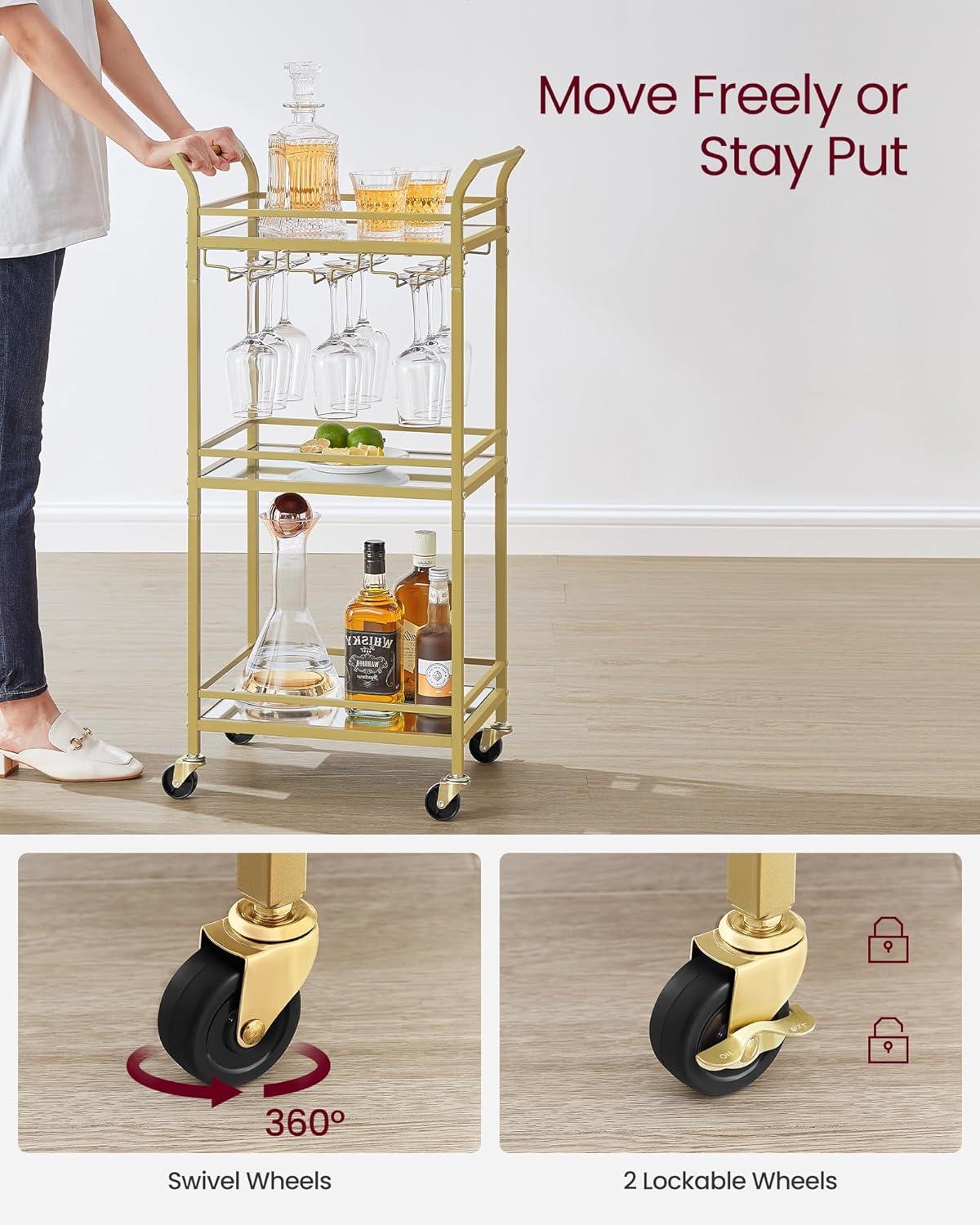 Pale Gold 3-Tier Bar Cart with Mirrored Glass Shelves