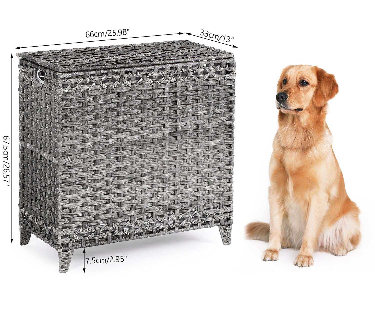 Laundry Hamper with 3 Removable Liner Bags; 132L Handwoven Rattan Laundry Basket with Lid & Heightened Feet; Clothes Hamper with Side Handles; Laundry Sorter with 3 Separate Sections (Gray)