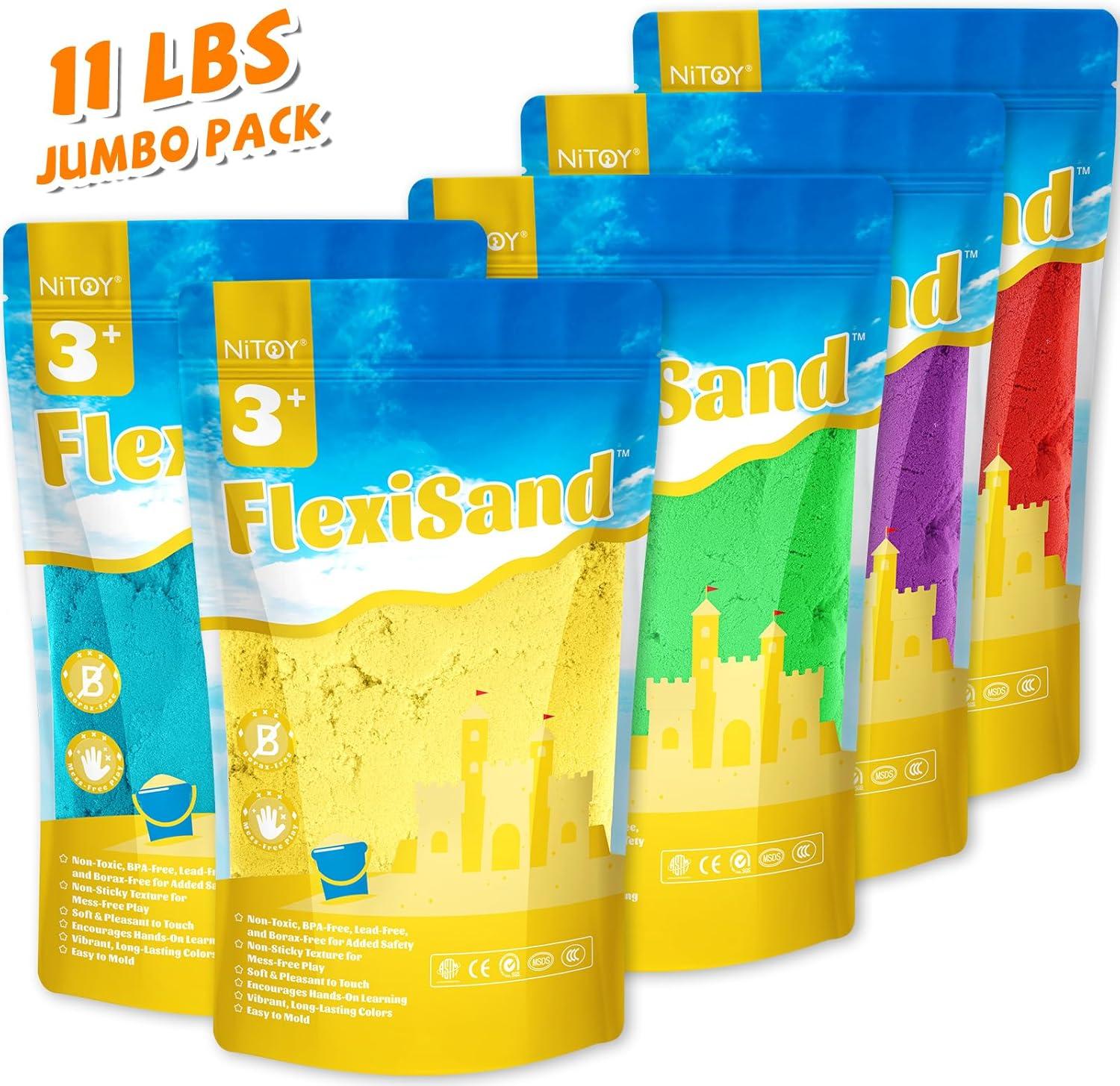 NiToy 11lbs Play Sand, Moldable Self-Sticking, Never Dries Out - Fun for Kids Bulk Refill for Sensory Sand Box Toys, Ideal for Shaping, Squeezing, Scooping, Rolling and Molding (5 Colored)