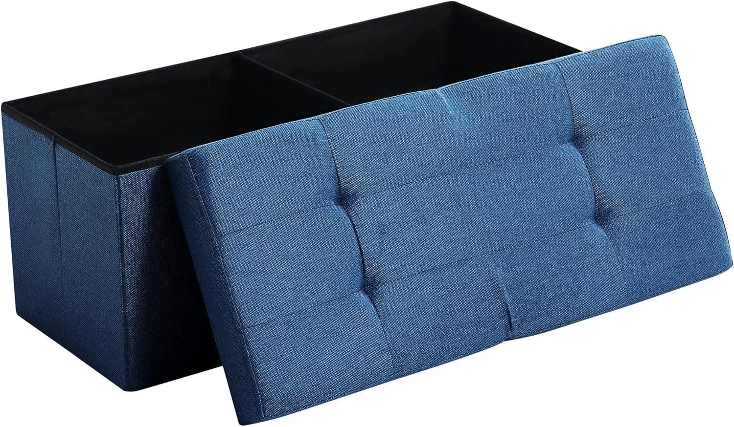 Dark Blue Tufted Linen Storage Ottoman Bench