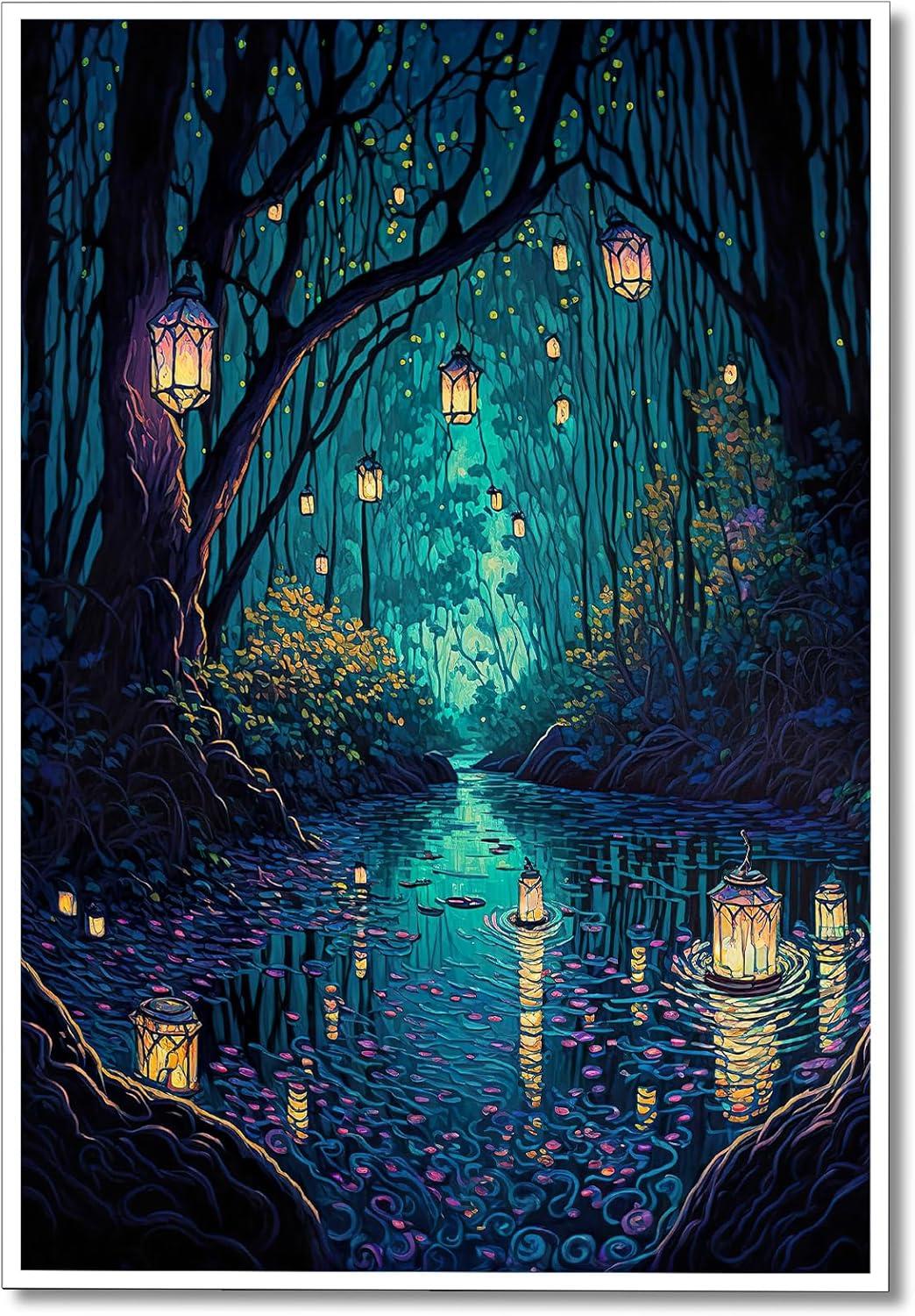 Fantasy Blue Forest Lanterns Canvas Wall Art 16x24