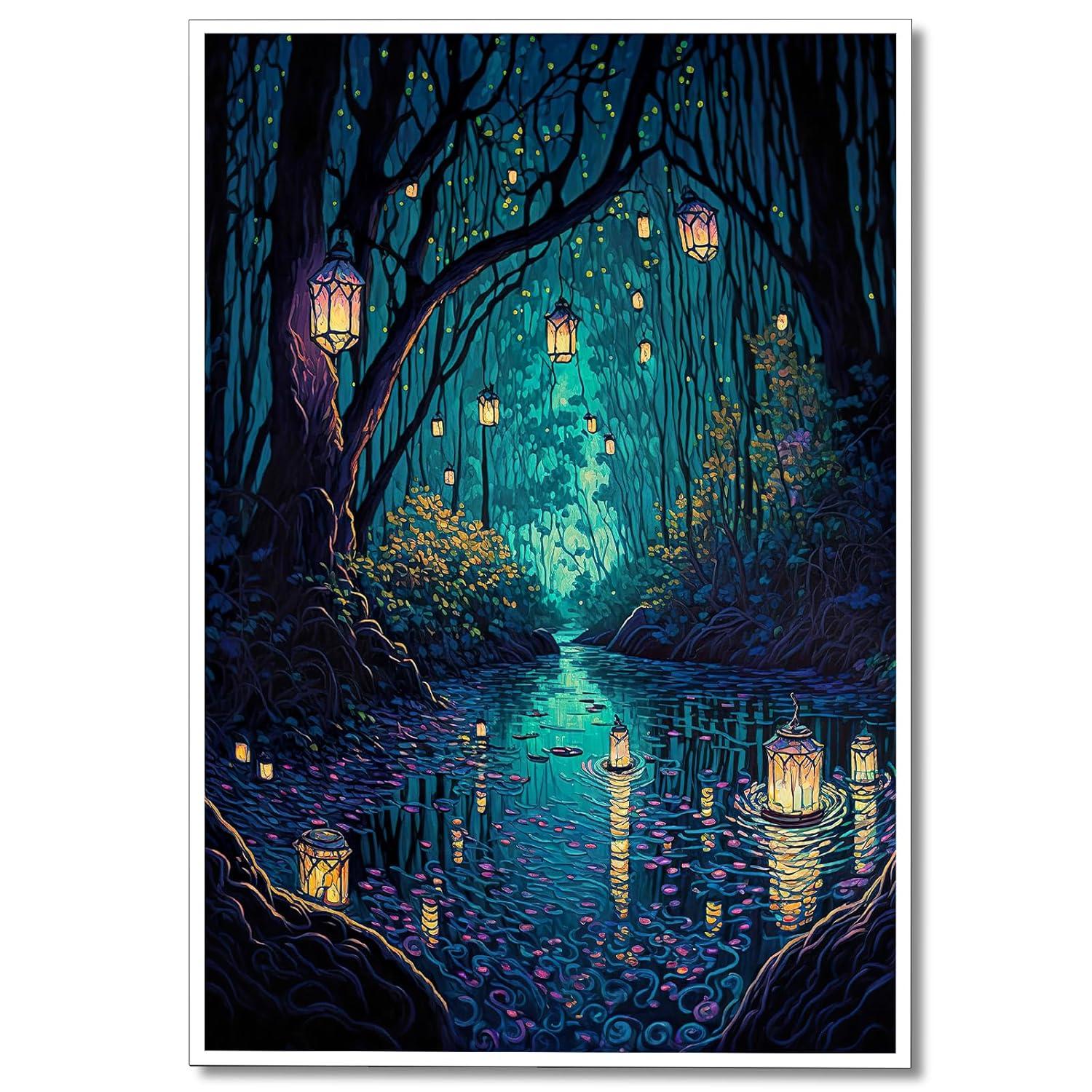Fantasy Blue Forest Lanterns Canvas Wall Art 16x24