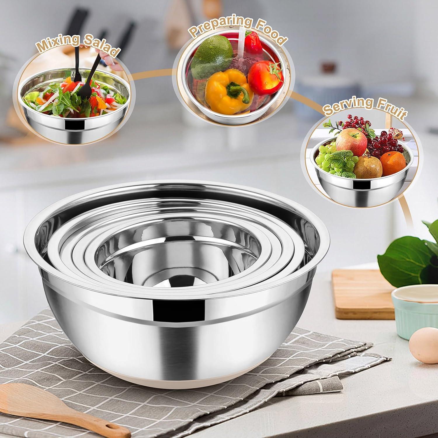 Khaki Stainless Steel Nesting Mixing Bowls with Lids Set of 5