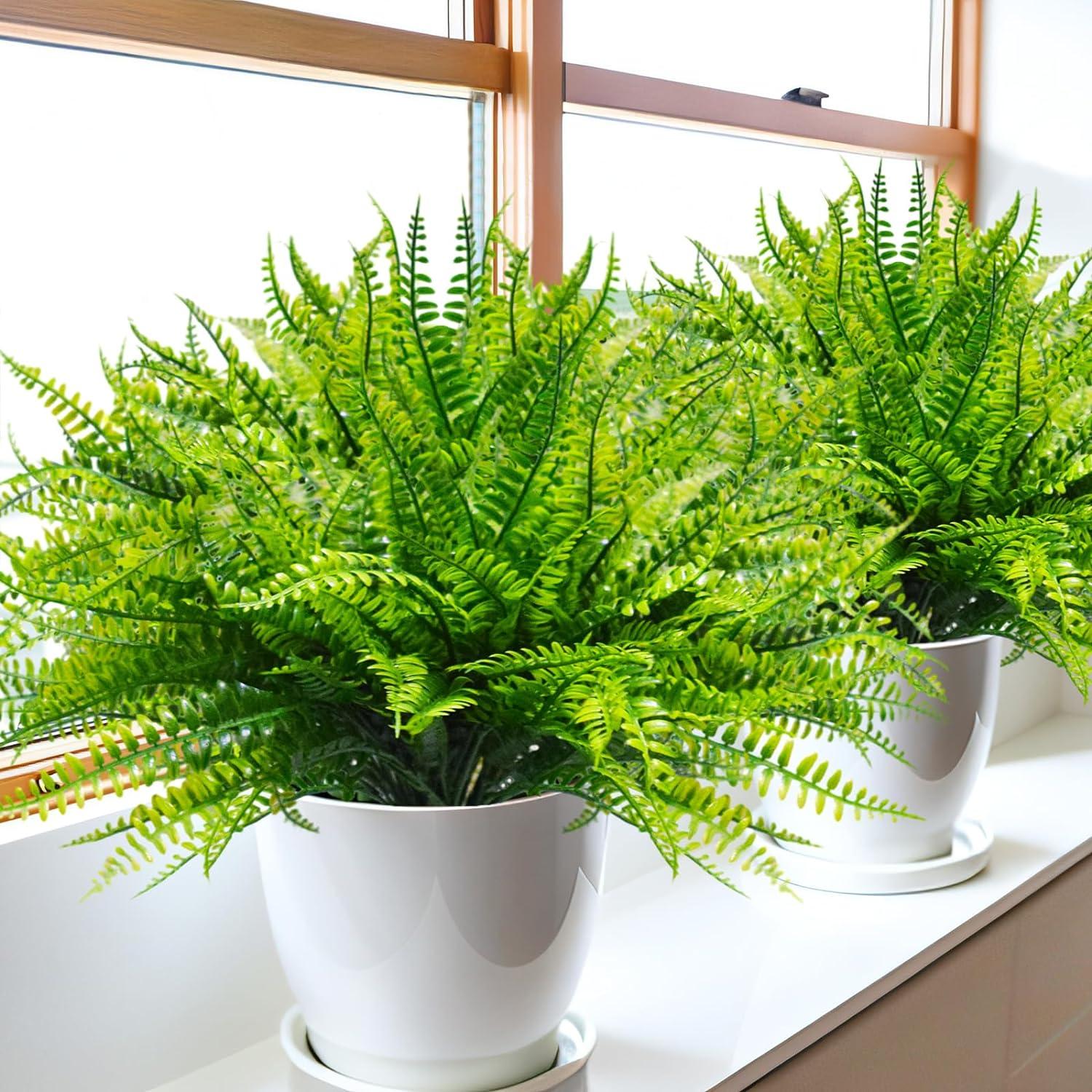 12pcs Artificial Flowers for Outdoor Fake Ferns Artificial Boston Fern Plant Artificial Ferns for Outdoor UV Resistant Plastic Plants (Green)