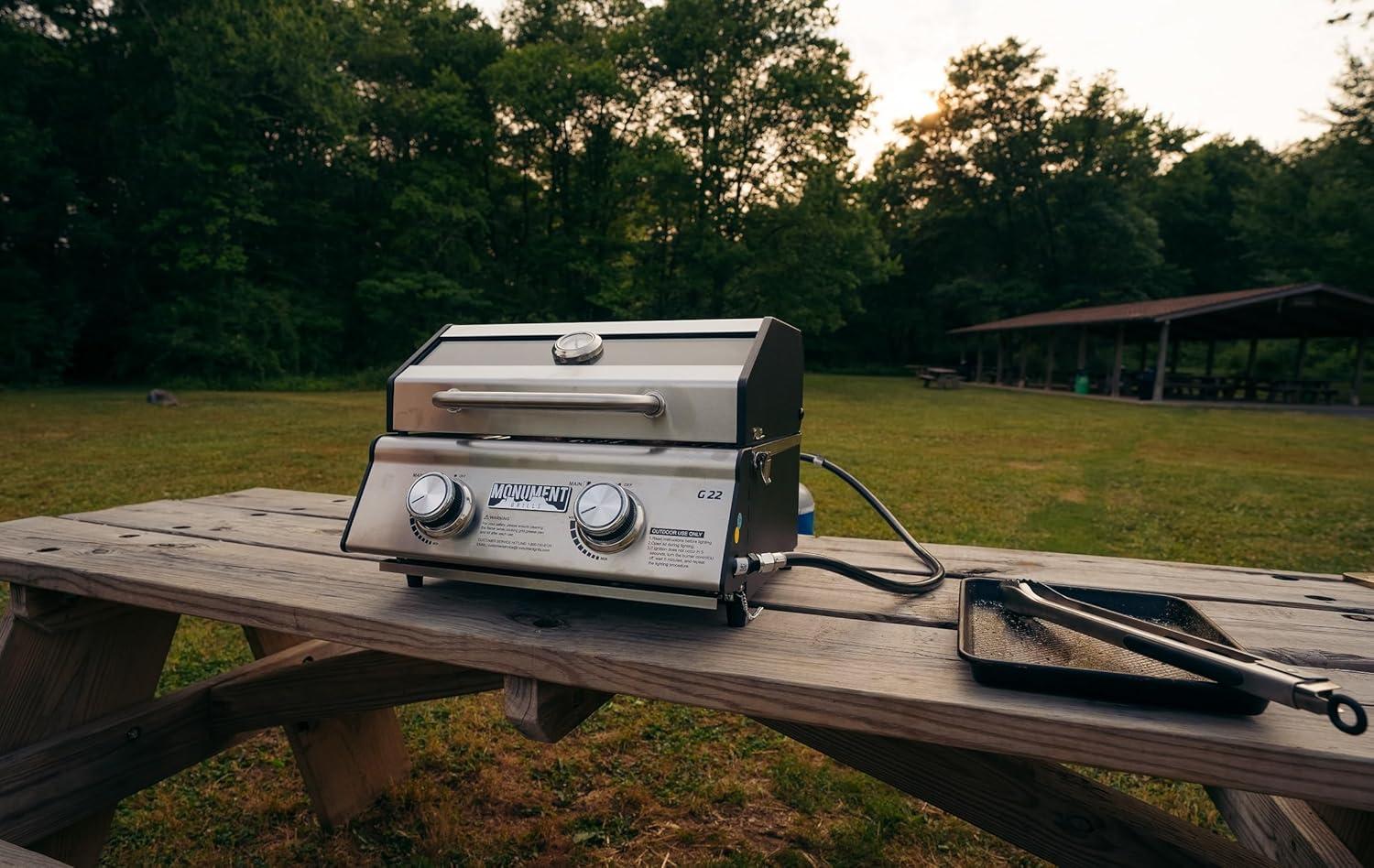 Monument Grills 13742,2-Burner Portable Stainless Steel Tabletop Propane Gas Grill with High Lid and Travel Locks, 15,000 BTU – Perfect for Family BBQs