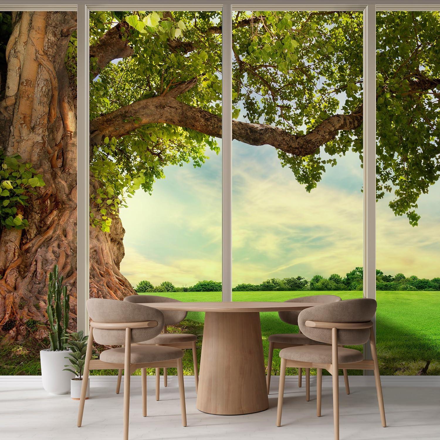wall26 - Large Wall Mural - Old Tree and Meadow Seen Through Sliding Glass Doors | 3D Visual Effect Self-Adhesive Vinyl Wallpaper/Removable Modern Decorating Wall Art - 66"x96"