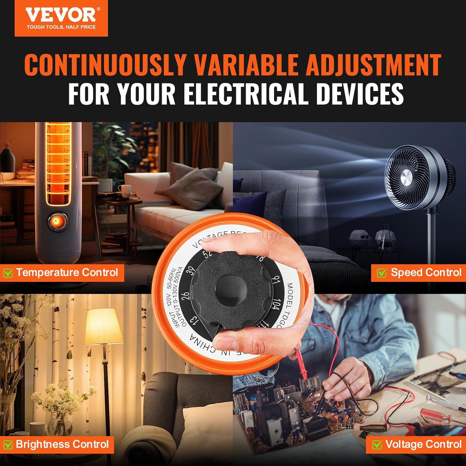 VEVOR 500VA Auto Variable Voltage Transformer, 15.3 Amp, 110V Input 0-130V Output AC Voltag