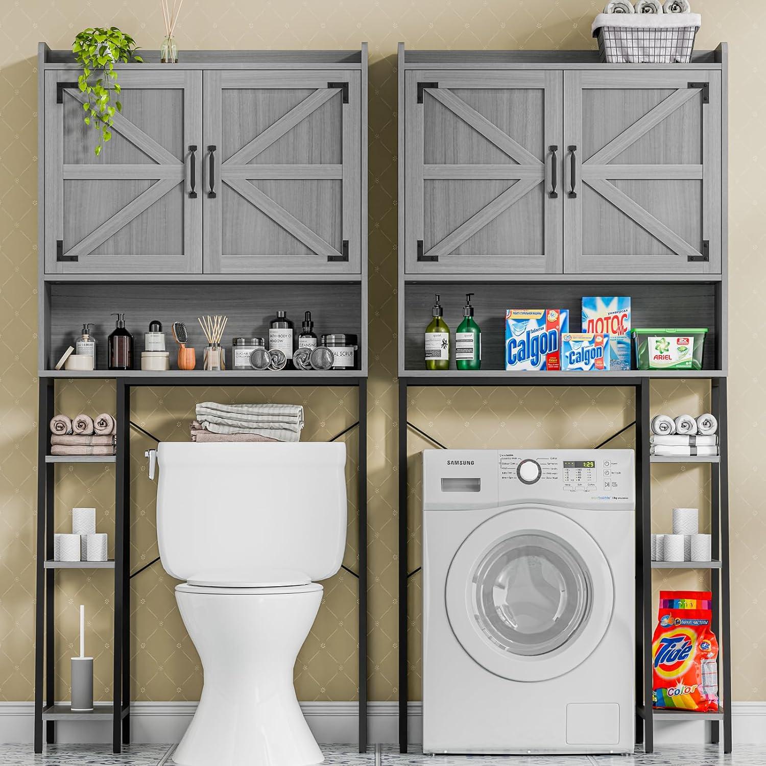 Gray Farmhouse Over-the-Toilet Storage Cabinet with Barn Doors