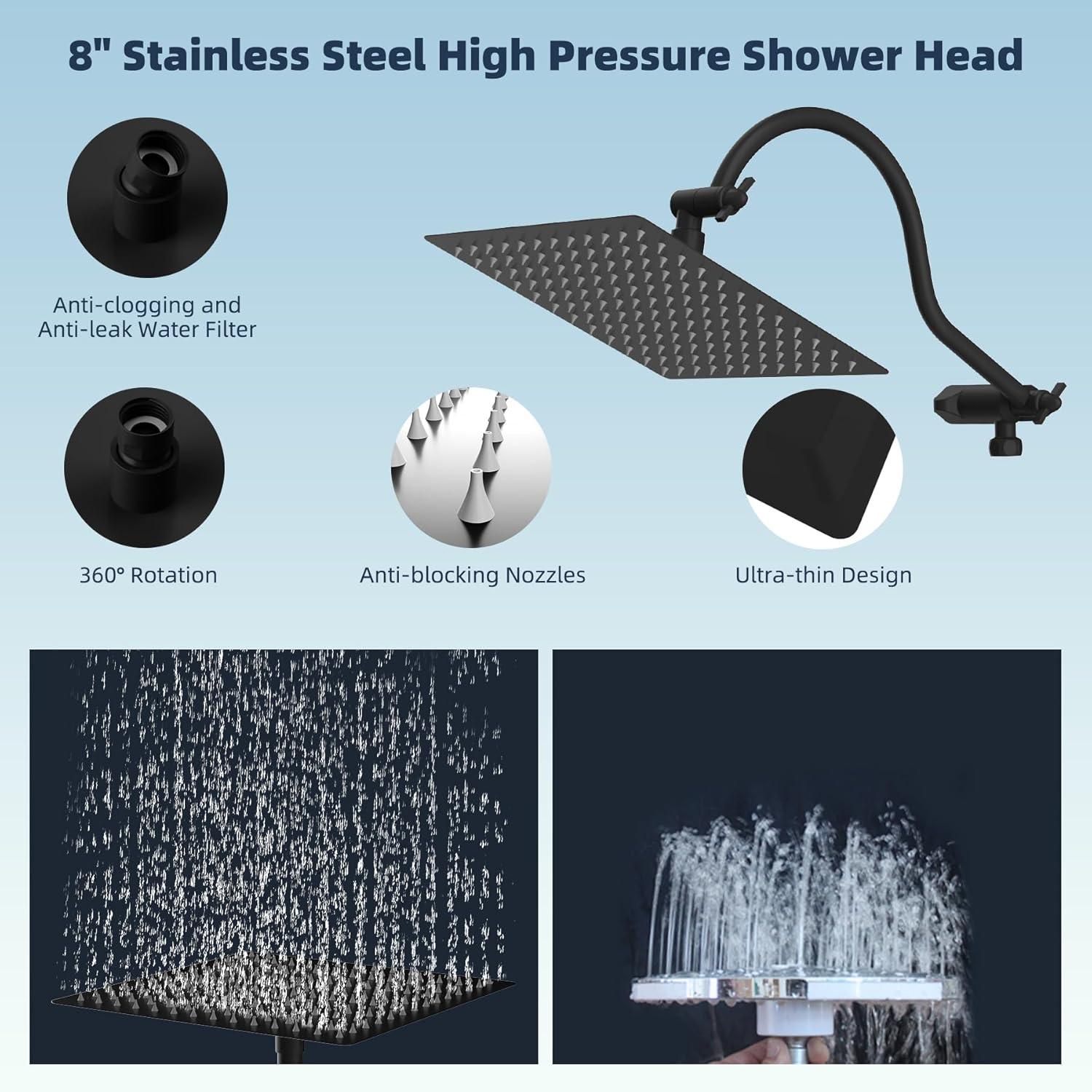 Hibbent 8 Inch Metal Rainfall Shower Head/Handheld Showerhead Combo SCW01-HS070-AS080-MB