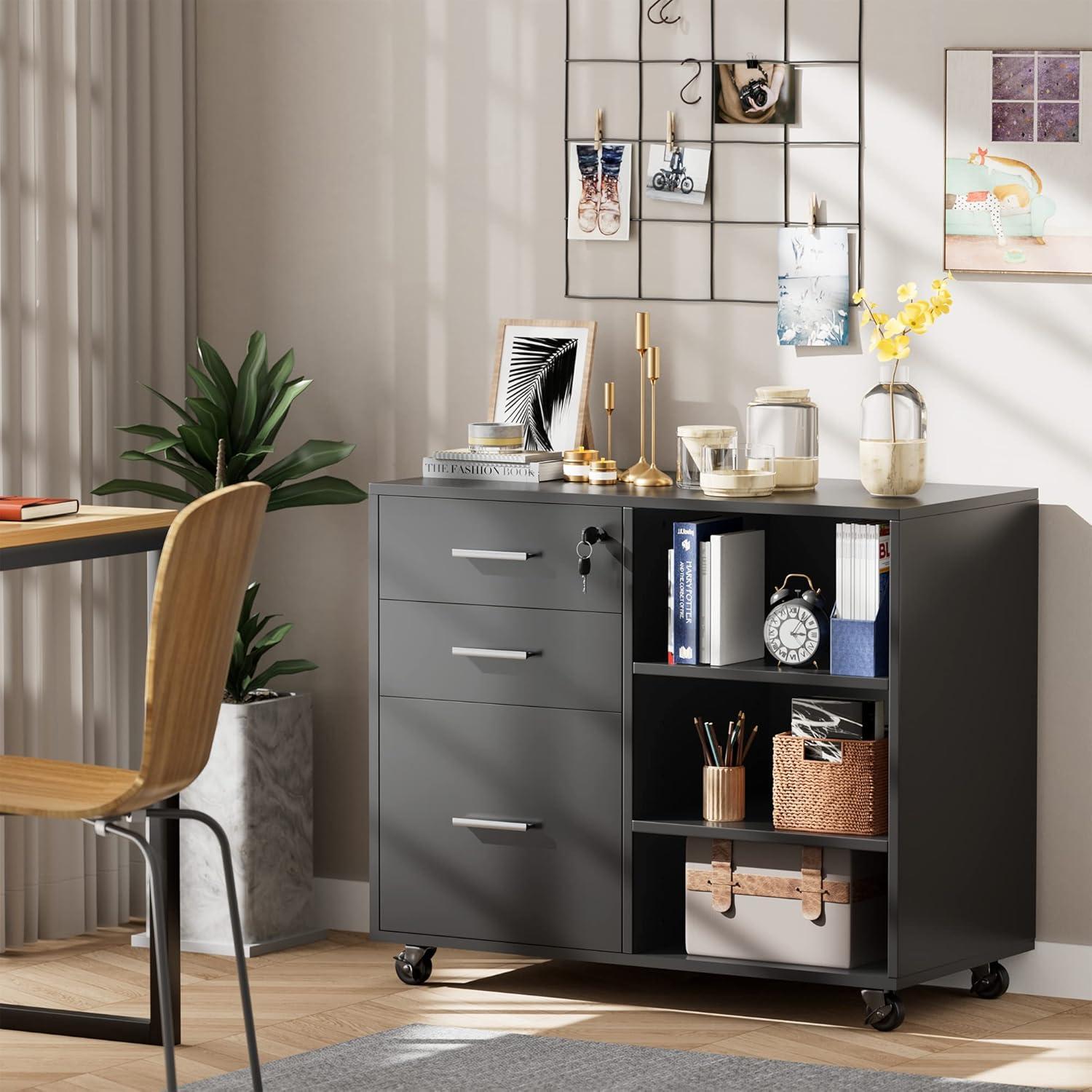 Black Wood Office Filing Cabinet with Adjustable Shelves and Lock