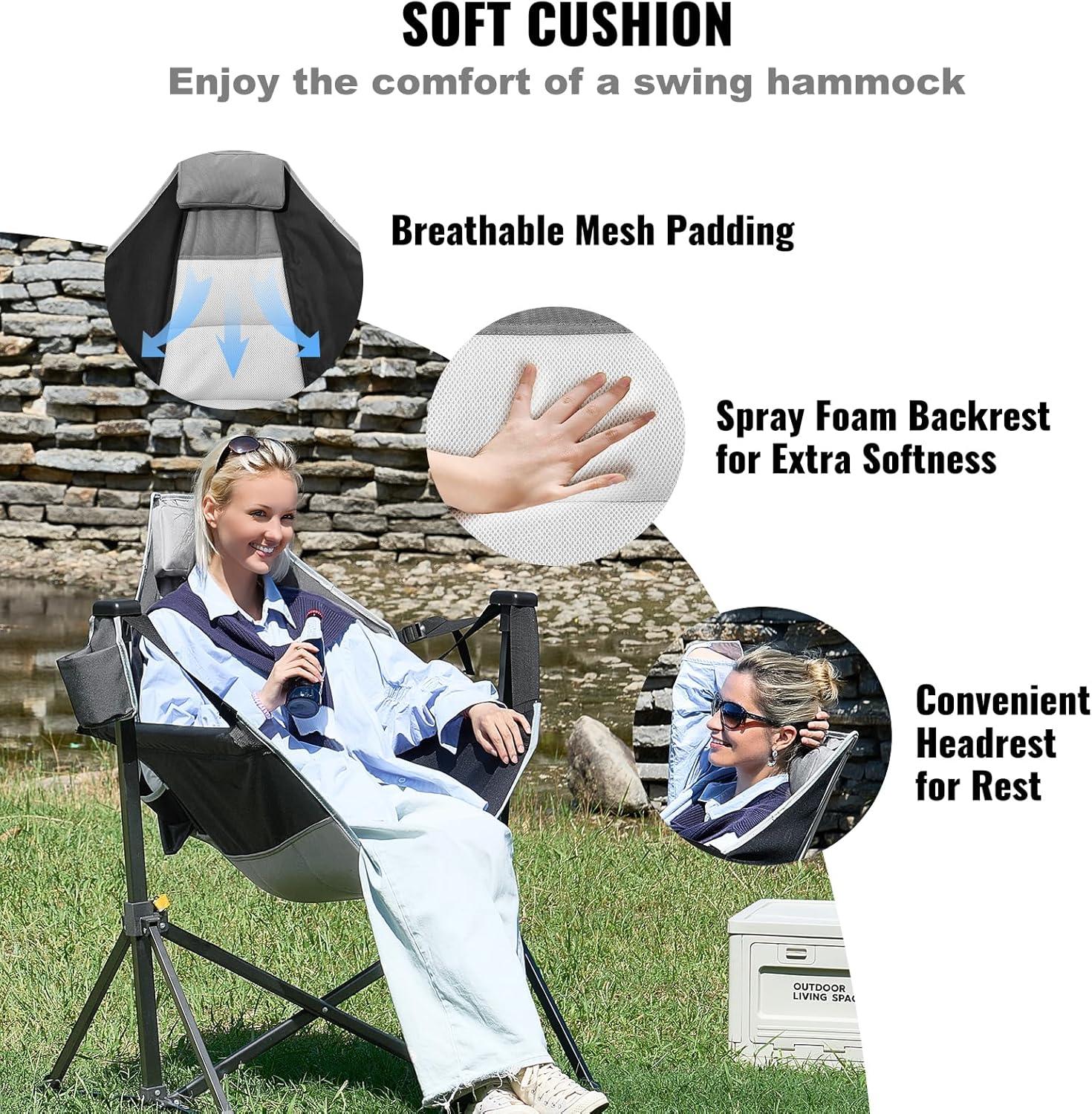 VEVOR Reclining Camping Chair, 300 lbs Load Camping Hammock Chair, Rocking Lounge Folding Chair with Cup Holder Storage Bag Headrest & Adjustable Backrest, for Camping and Other Outdoor Activities