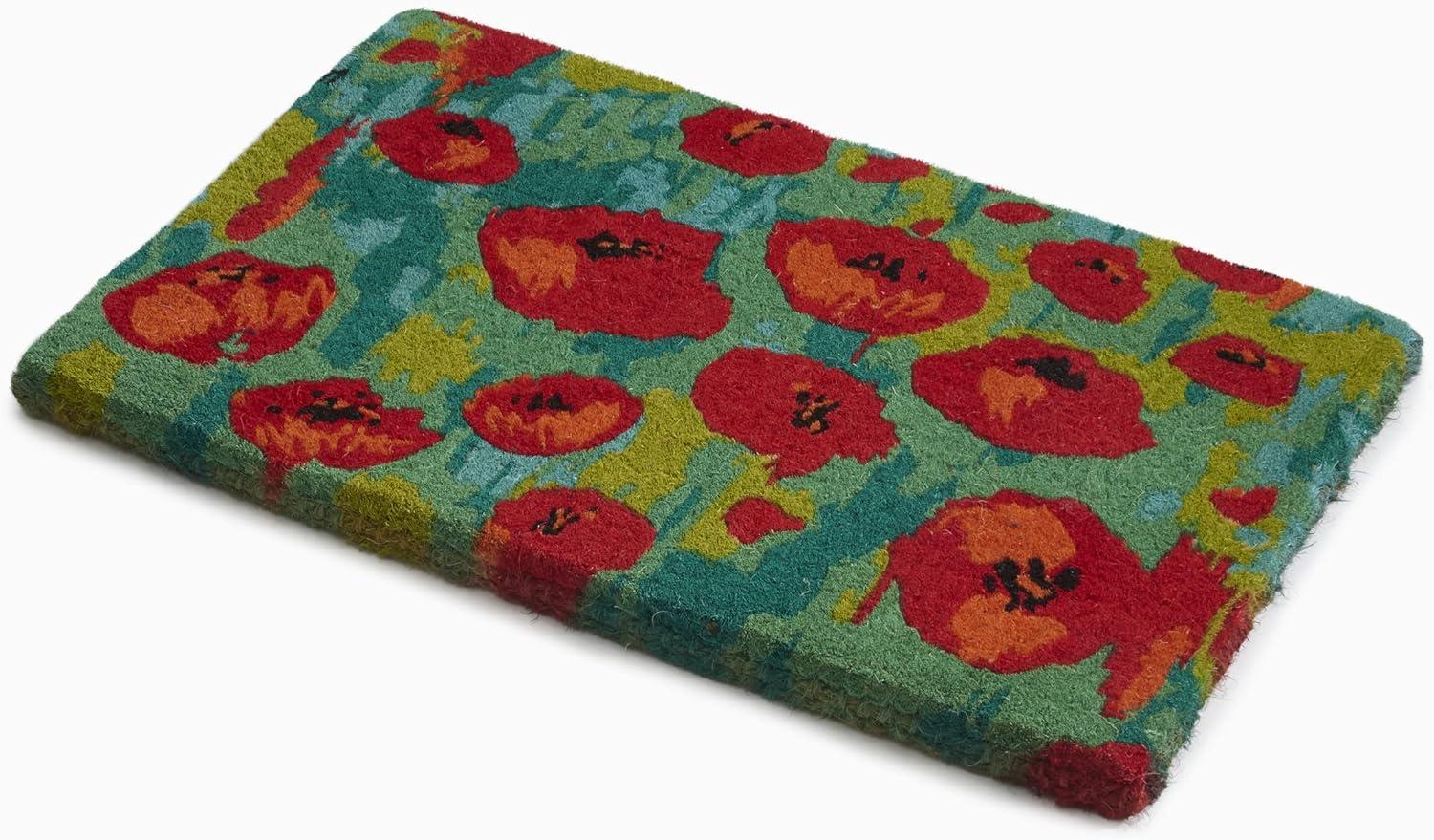 FH Home Floral Extra Thick Doormat - Handwoven, Durable - Natural Coir - Entryway, Front Door, Porch, Patio - Field of Poppies Red (18" x 30" Thick)
