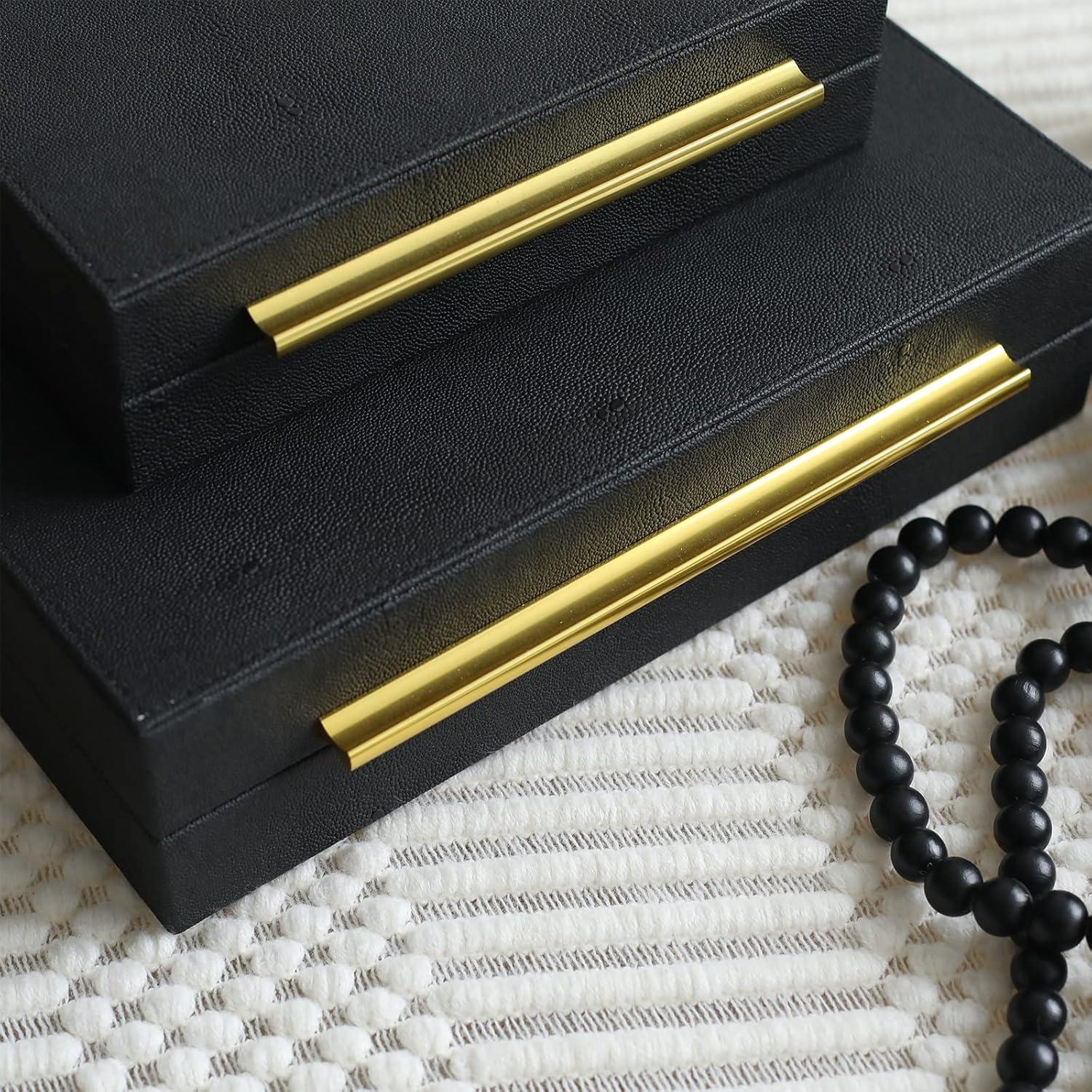 Faux  Leather Decorative Jewelry Storage Nesting Organizer Boxes with Lids Gold Handle Set of 3, Black