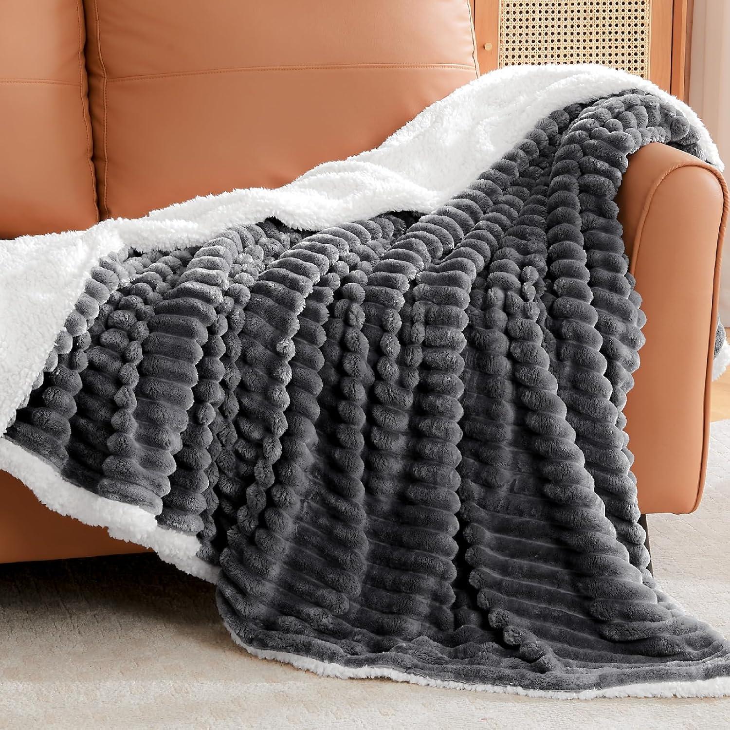 INFIIXSO Sherpa Throw Blanket for Couch - Super Soft & Warm Striped Fleece Blanket, Cozy Plush Fluffy Blanket All Season Use (Grey, 50x60 Inches)
