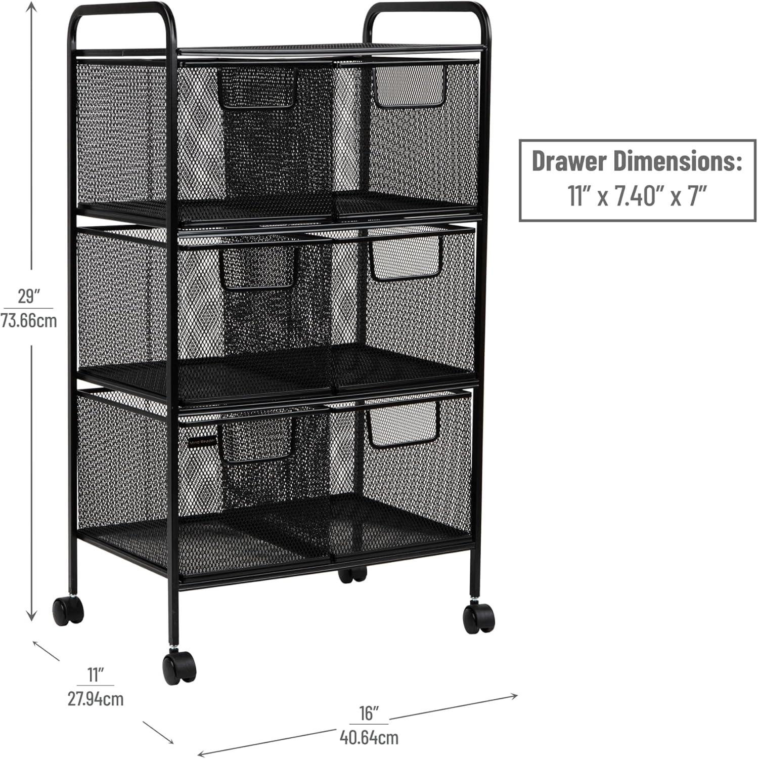 Mind Reader Metal Rolling 3-Tier File Cart with 6 Drawers, Black