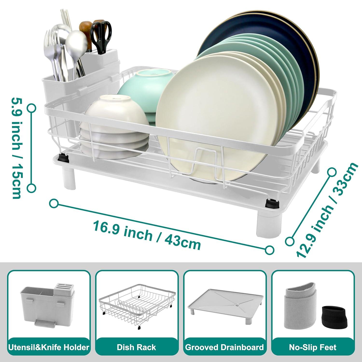 Dish Drying Rack for Kitchen Counter,Space-Saving Dish Rack with Drainboard,Rustproof Countertop Dish Drainer with Utensil Holder for Sink,White
