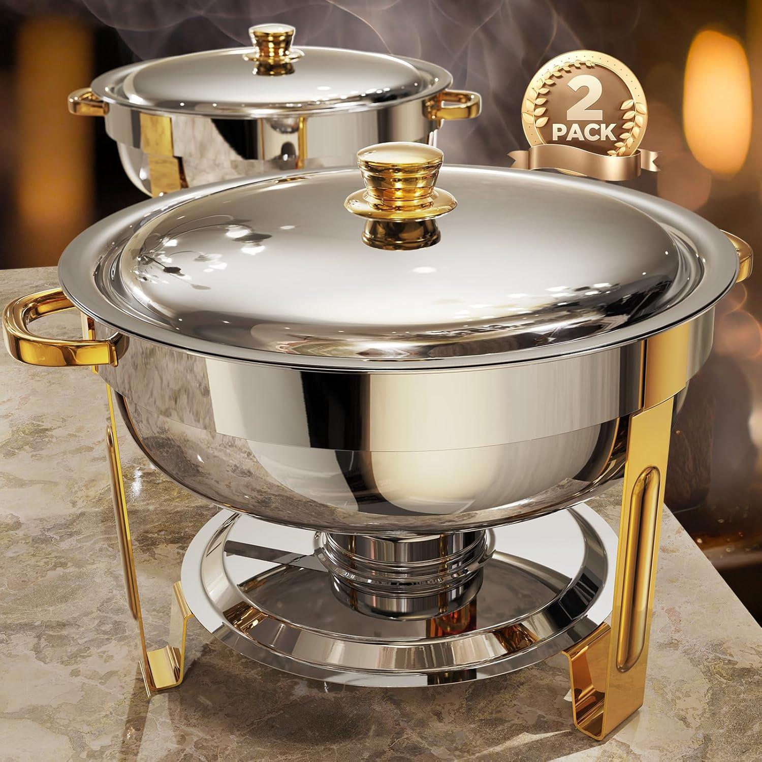 WhizMax Chafing Dish Buffet Set 2 Pack 5QT, Stainless Steel Round Chafing Dishes for Buffet with Lid Holder & Glass Lid, Gold