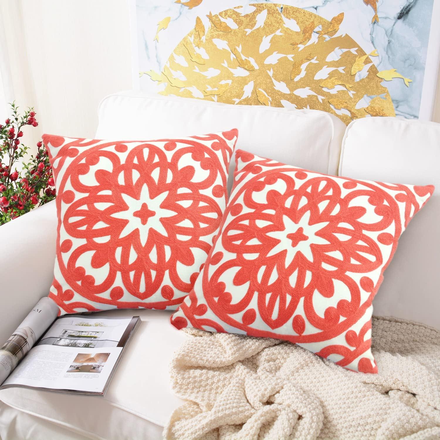 Coral Peach Embroidered Cotton Boho Euro Throw Pillow Covers