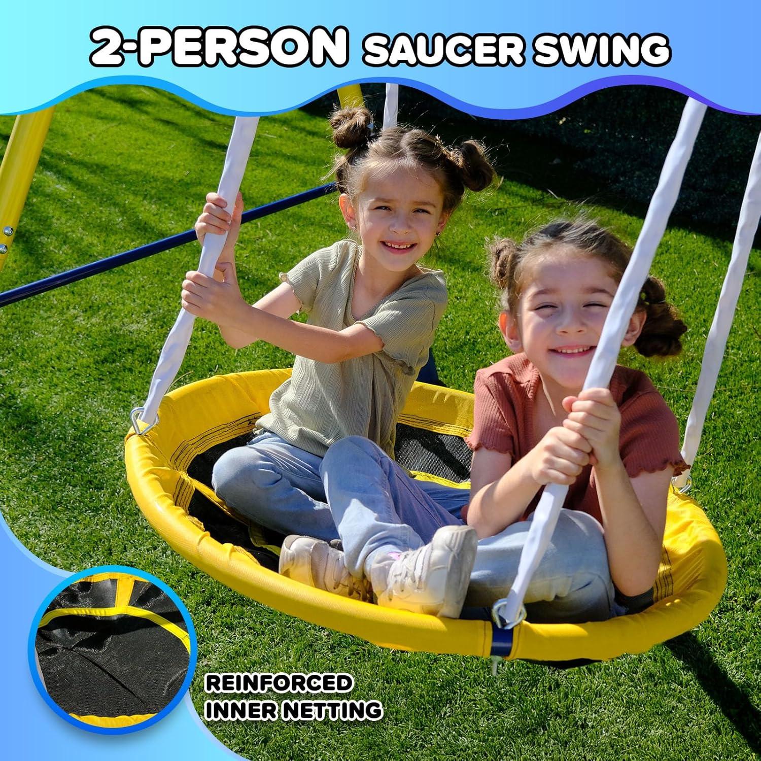 Sportspower Sportspower Super Fun Metal Swing Set with Padded Saucer Swing & Lifetime Warranty on 5' Slide