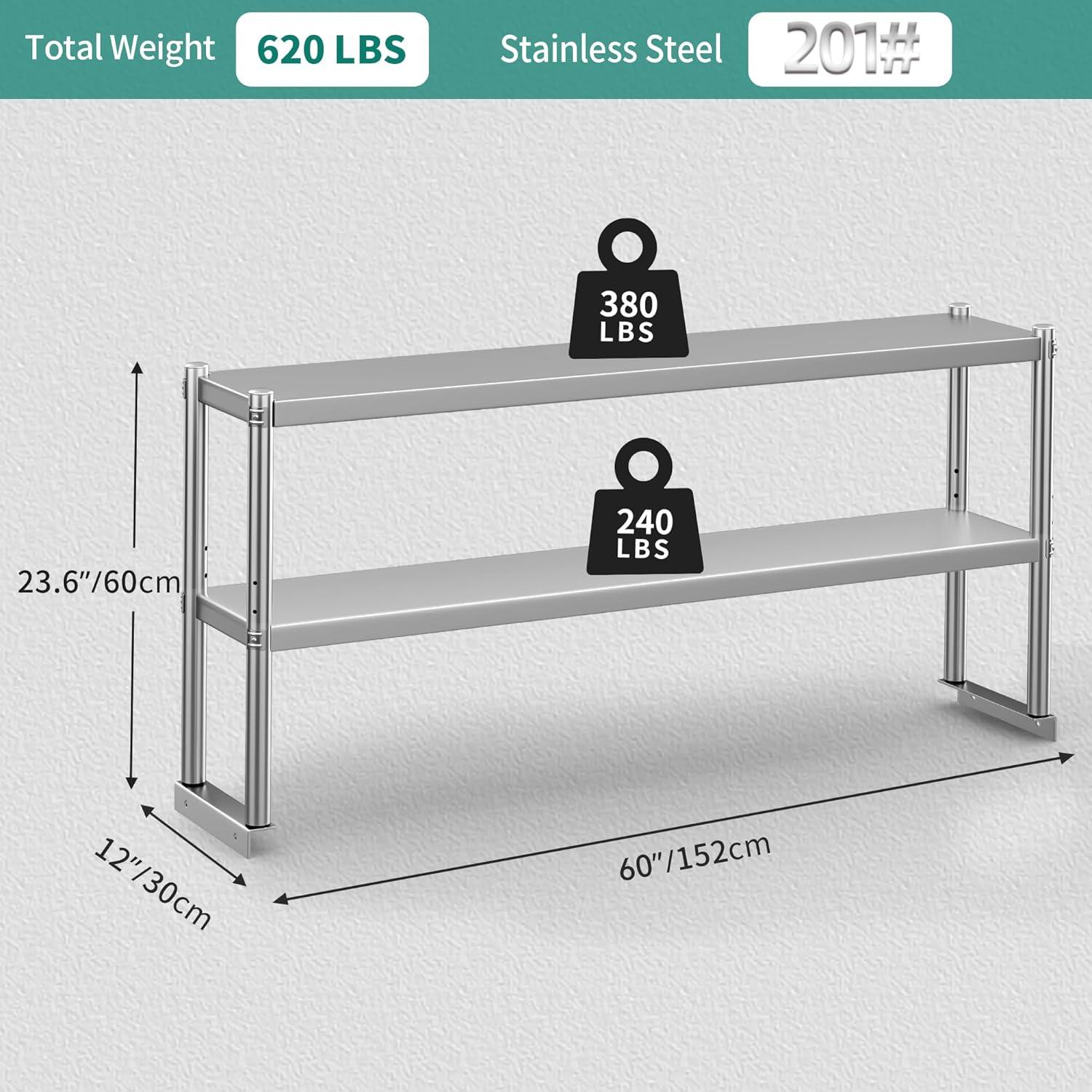 STRELECT 12"x48" Stainless Steel Overshelf for Prep & Work Table, NSF Commercial Adjustable Double Deck Overshelf 2 Tier for Restaurant, Bar, Utility Room, Kitchen and Garage