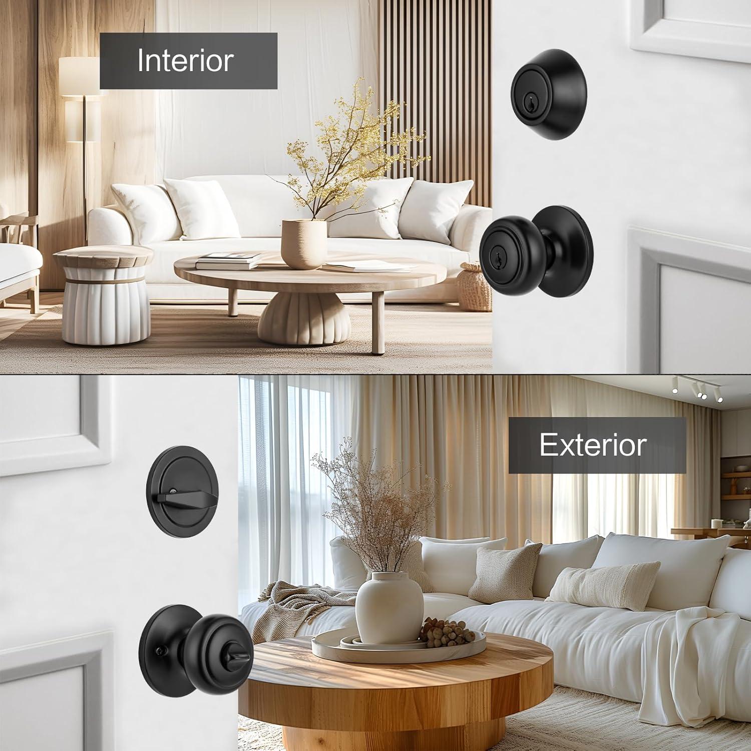 Matte Black Alloy Steel Round Door Knob Set with Deadbolt