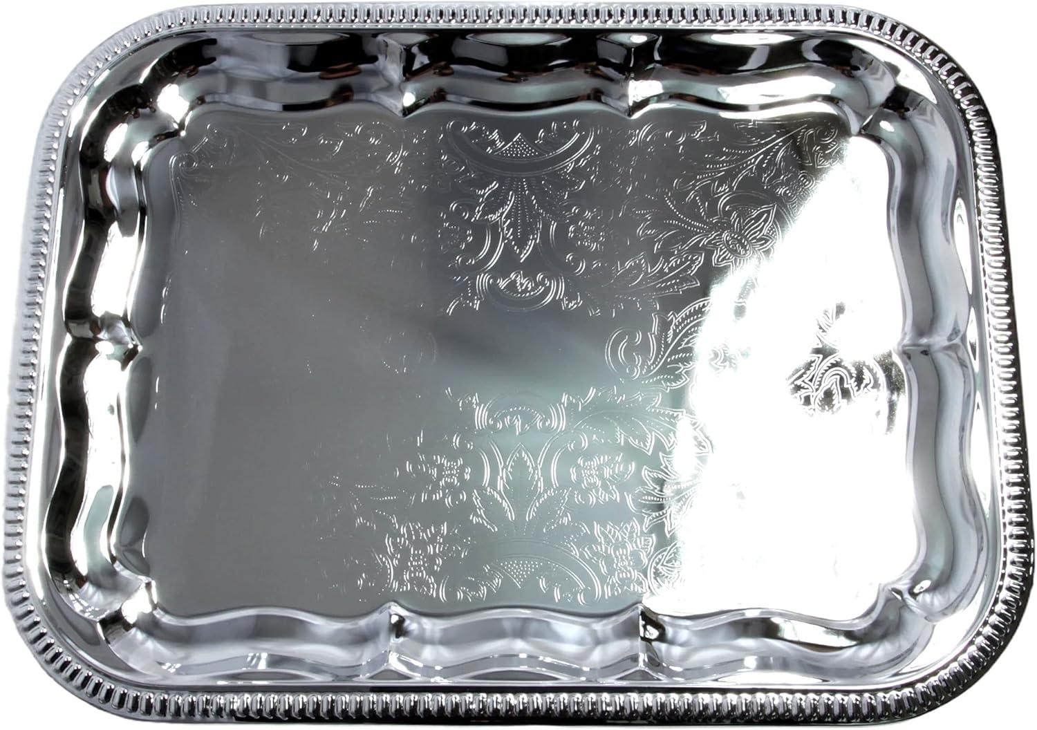 (Pack of 4 16.1-Inch x 12.2-Inch Oblong Rectangular Trim Victoria Floral Engraved Catering Chrome Plated Serving Plate Mirror Food Candle Deco Art Tray Platter Party(Medium) T227-4pk