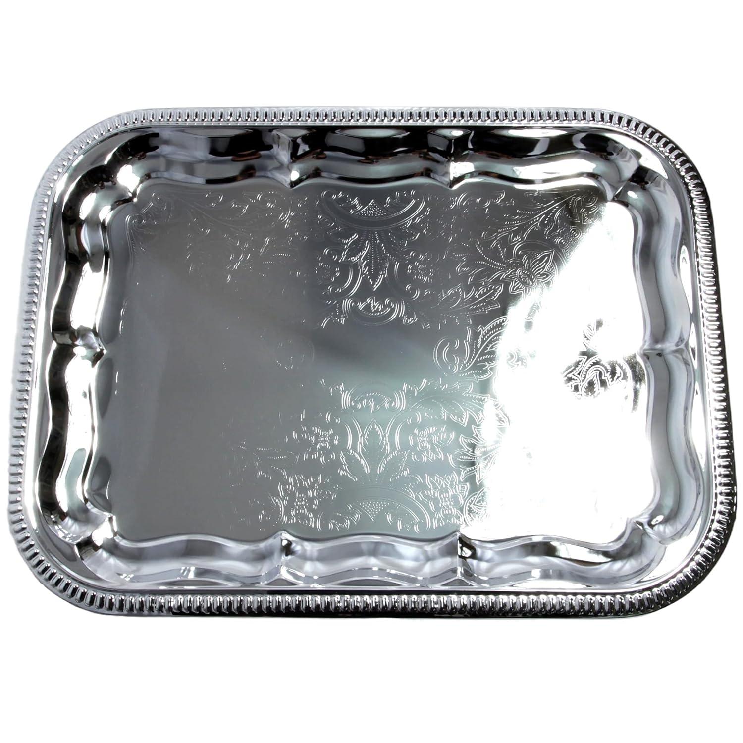 (Pack of 4 16.1-Inch x 12.2-Inch Oblong Rectangular Trim Victoria Floral Engraved Catering Chrome Plated Serving Plate Mirror Food Candle Deco Art Tray Platter Party(Medium) T227-4pk