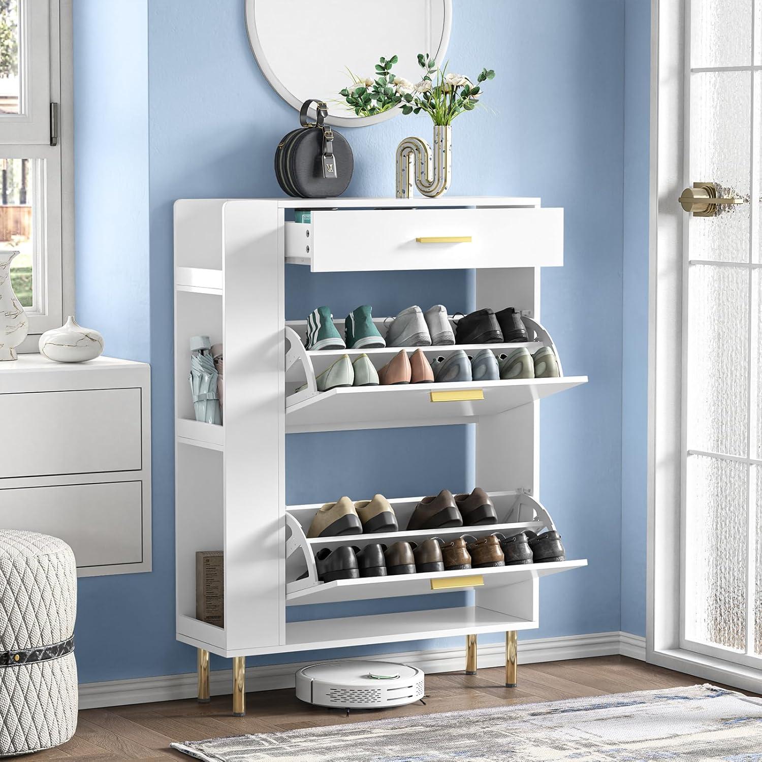 White Engineered Wood Freestanding Shoe Cabinet with Flip Drawers