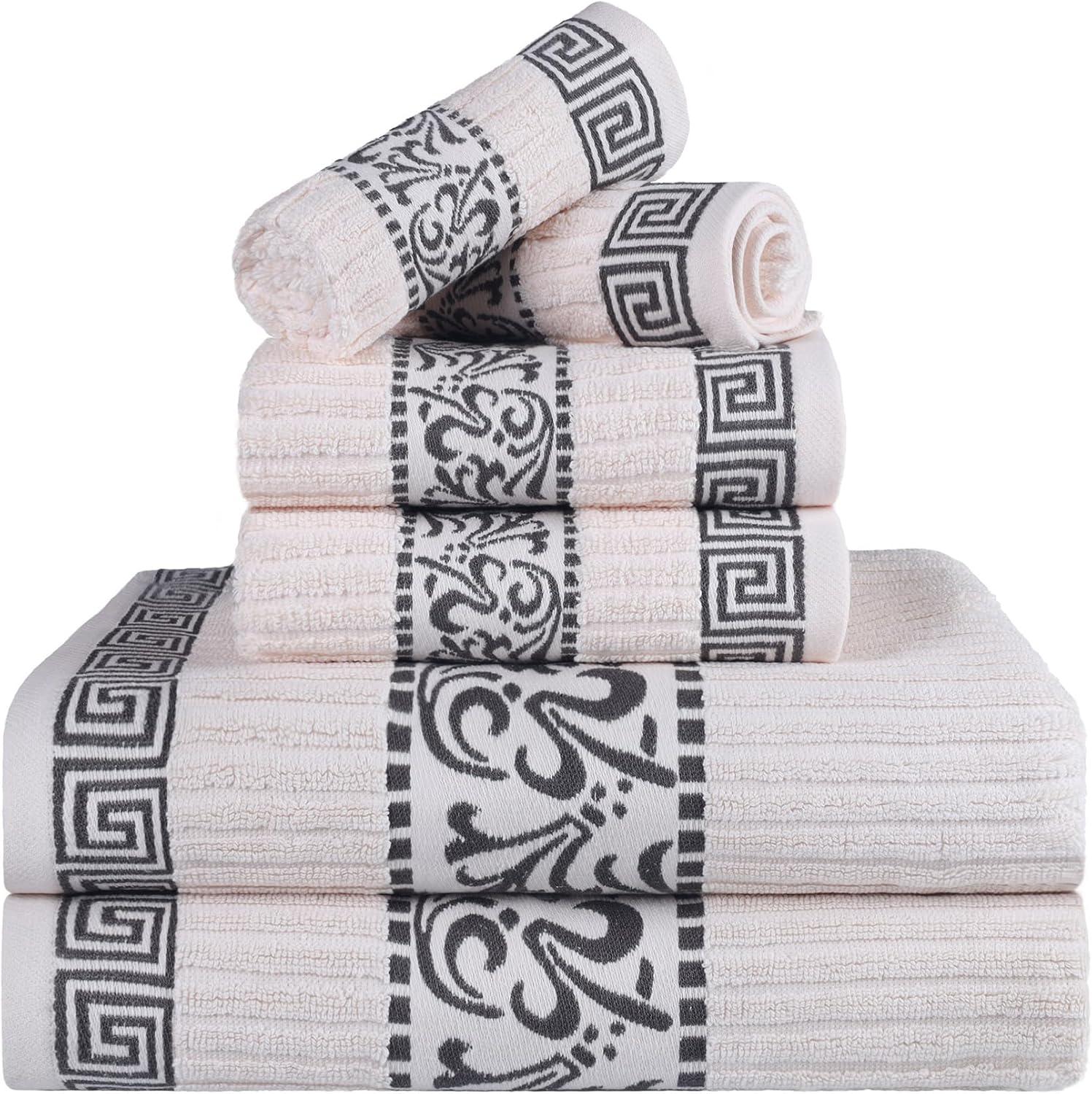 Superior Athens 6-Piece Cotton Greek Scroll Towel Set, Ivory-Gray