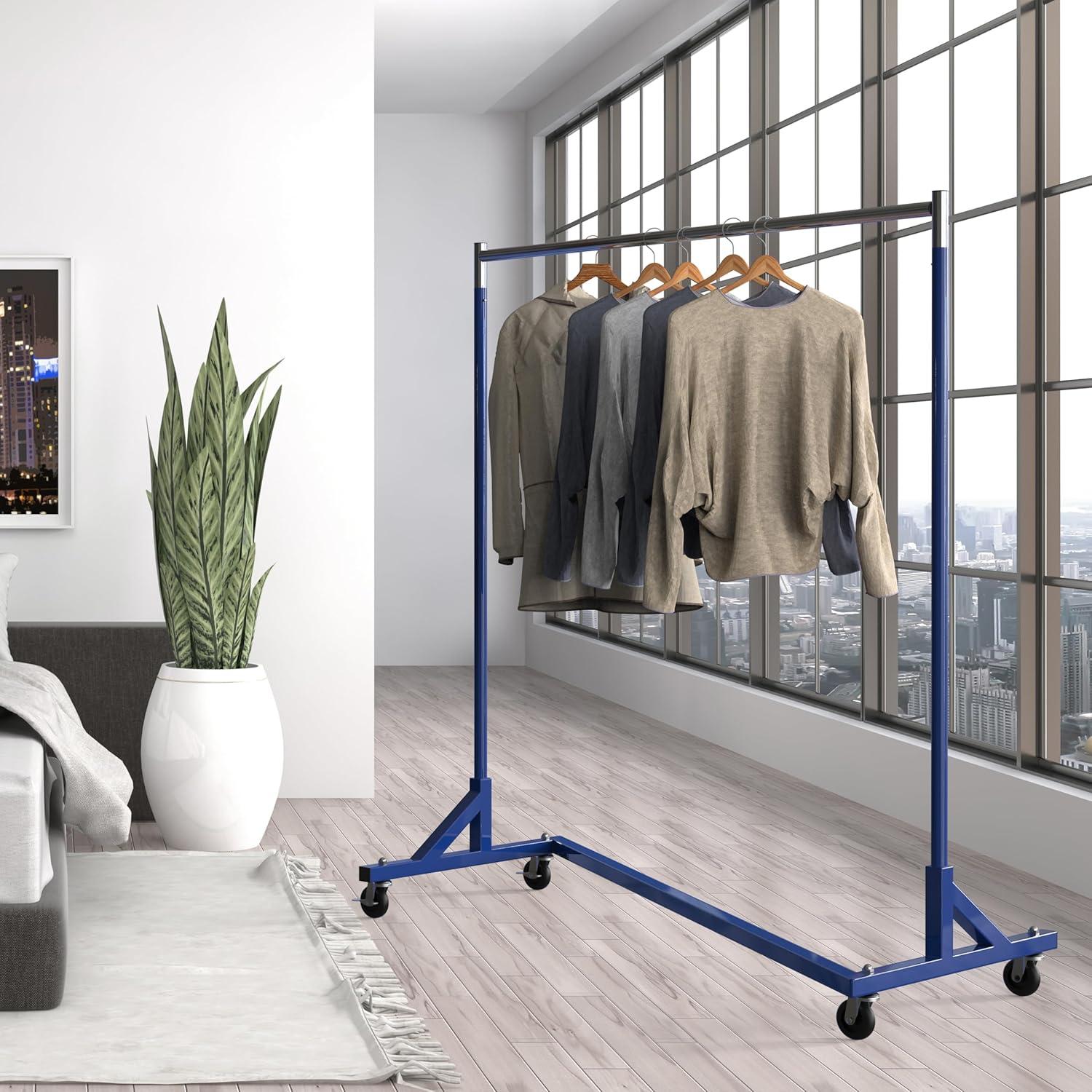 Heavy Duty Blue Metal Z-Base Garment Rack with Casters