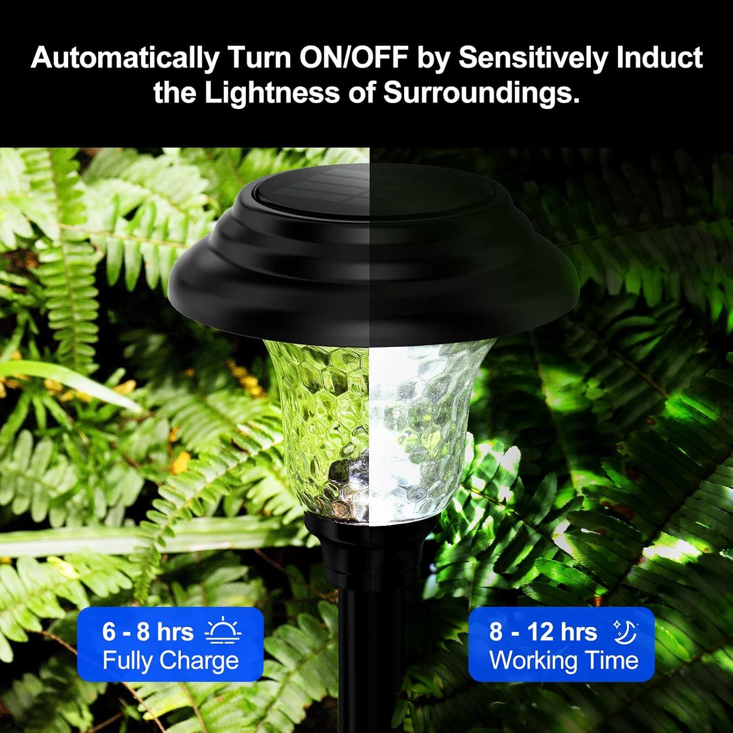 Glass Solar Lights Outdoor, 8 Pack Super Bright Solar Pathway Lights, Up to 12 Hrs Long Last Auto On/Off Garden Lights Solar Powered Waterproof, Stainless Steel LED Landscape Lighting for Yard