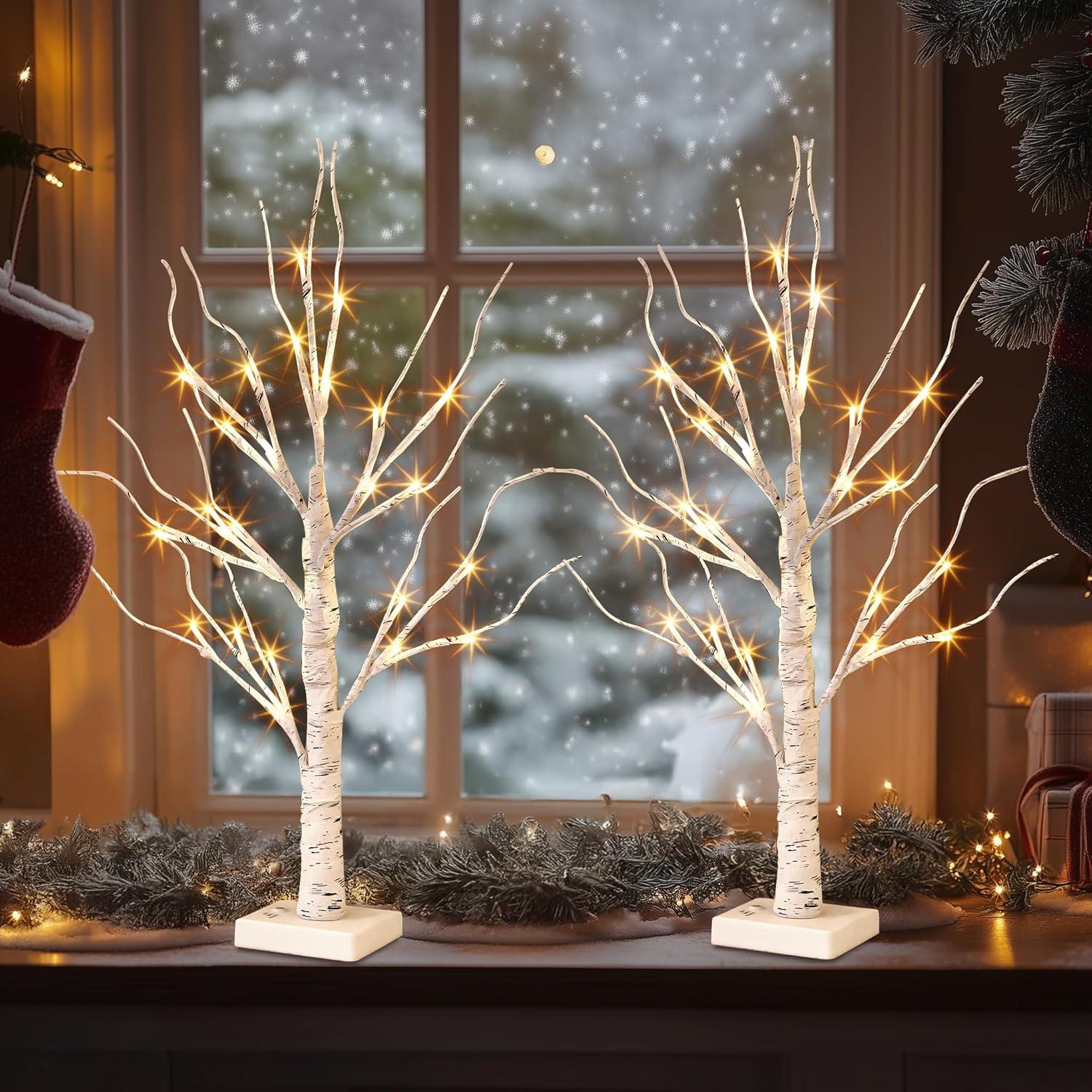 The Holiday Aisle® White Birch Tree With LED Lights - Set Of 2, LED Tabletop Tree With Timer, Christmas Decorations Lighted Tree For Indoor Mantel Home Decor (2 FT, 24 LED)