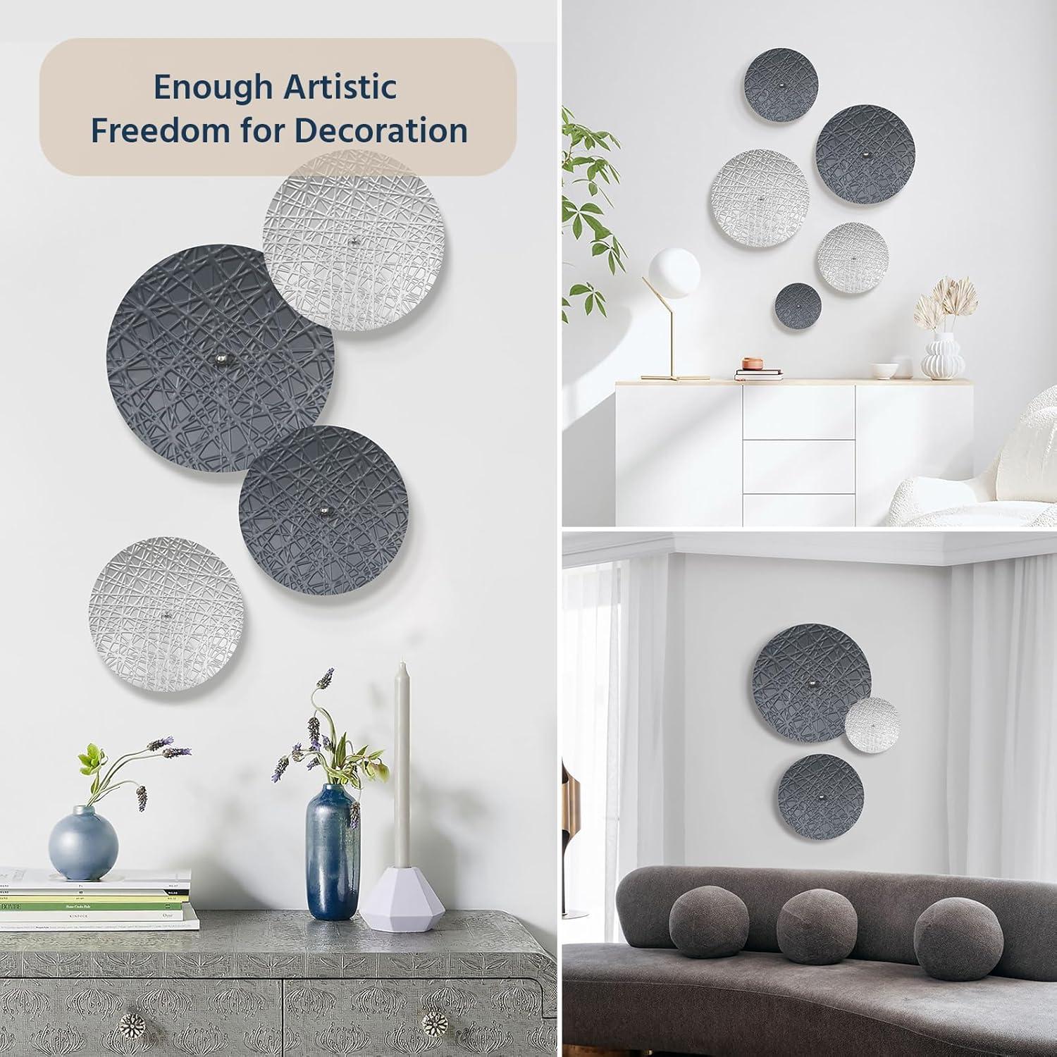 Silver And Grey Wall Decor For Living Room, 7PCS Metal Wall Art Hanging Sculptures For Office Dining Room Decoration, Modern Silver Home Decor For Apartment Bedroom New Home Gift