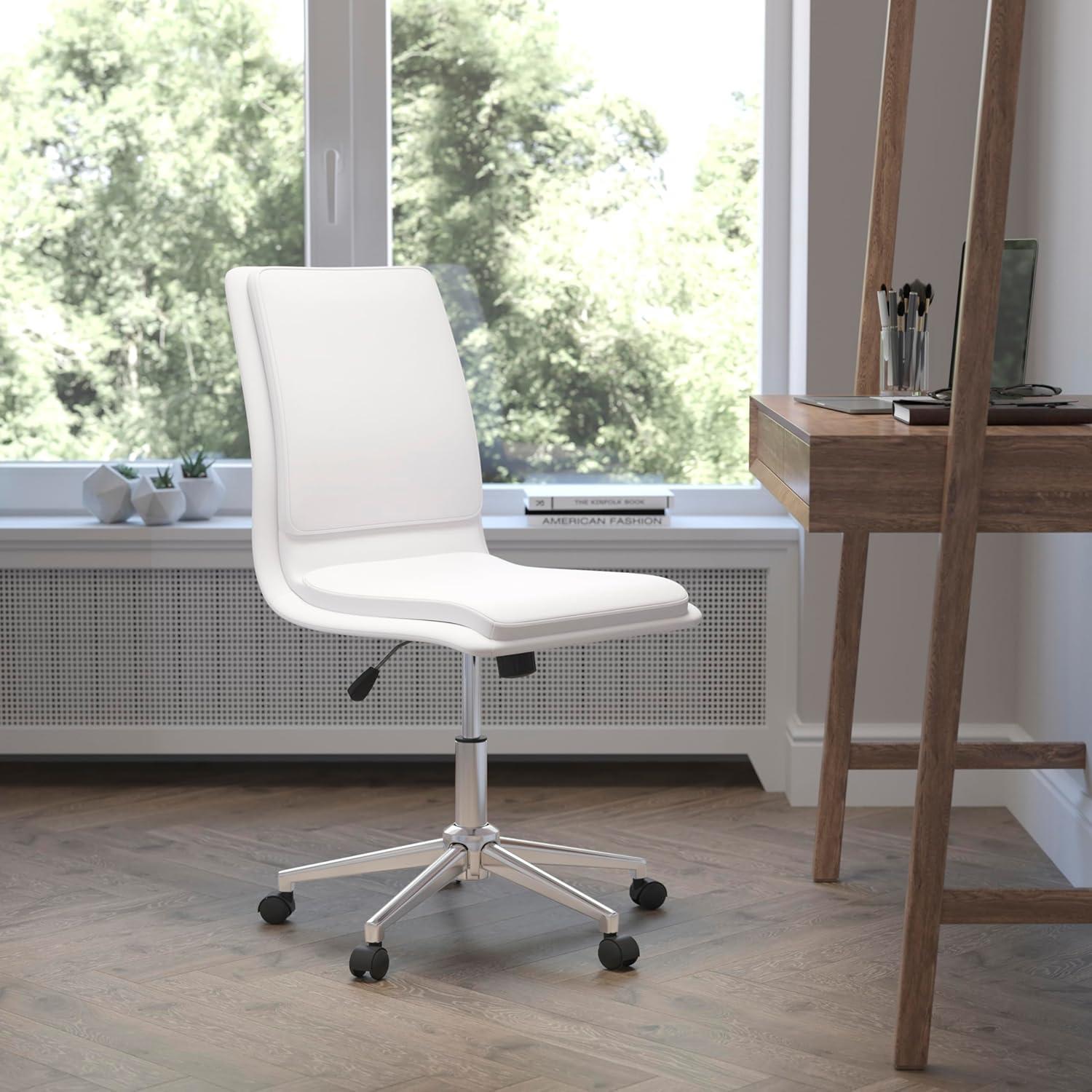Flash Furniture Madigan Mid-Back Armless Swivel Task Office Chair with LeatherSoft and Adjustable Chrome Base, White