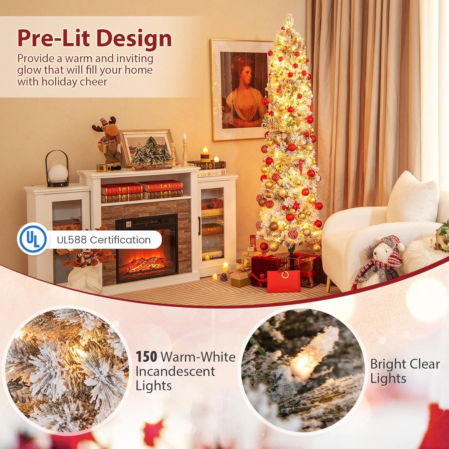 Tangkula 4.5/6/7FT Pre-lit Artificial Christmas Tree Snow-flocked Pencil Xmas Tree with 100/150/210 Warm White Lights 258/373/466 Branch Tips