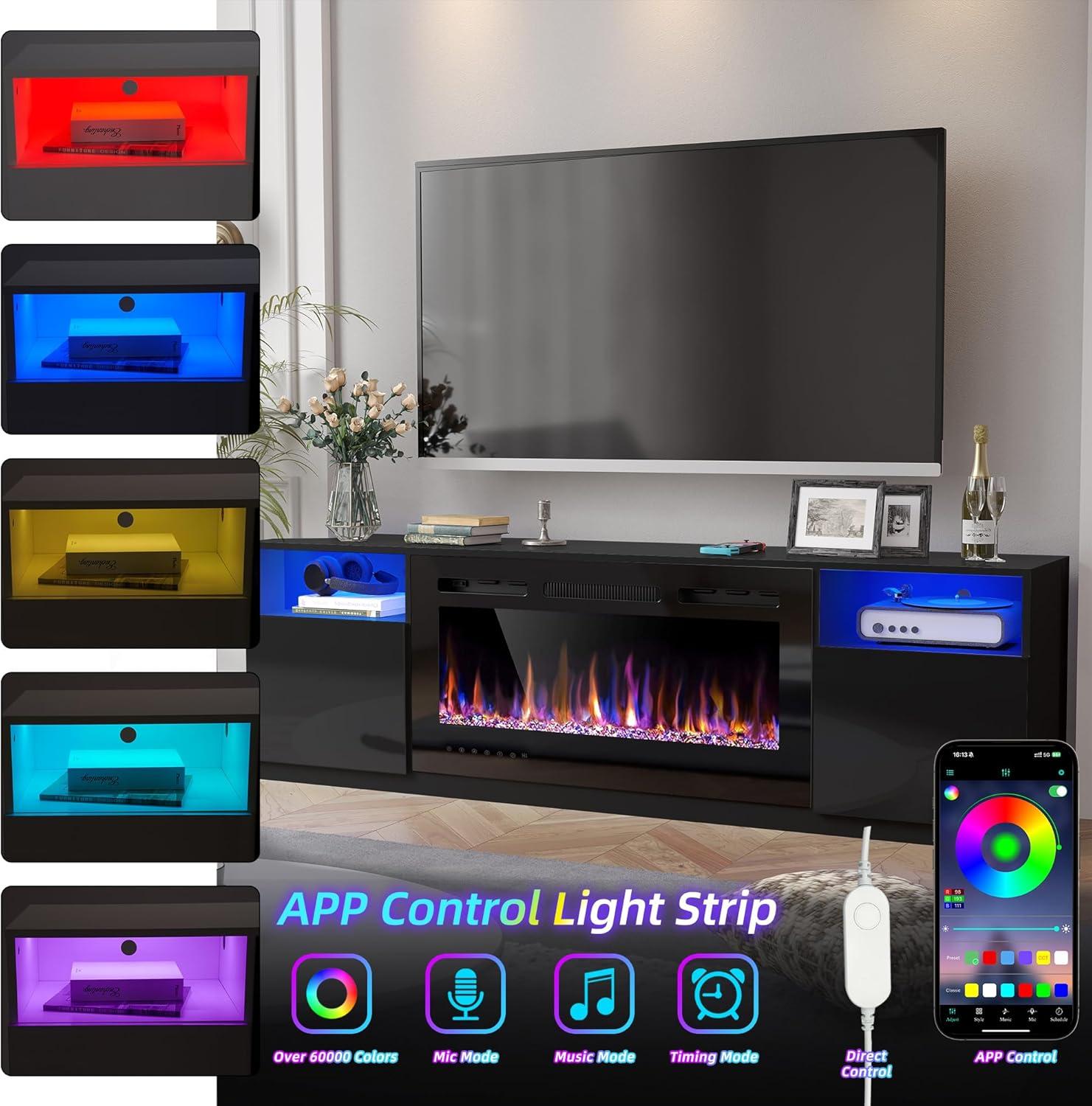 Hohenstein 70'' Fireplace Media Console, LED TV Stand for TVs Up to 80" with 36" Electric Fireplace