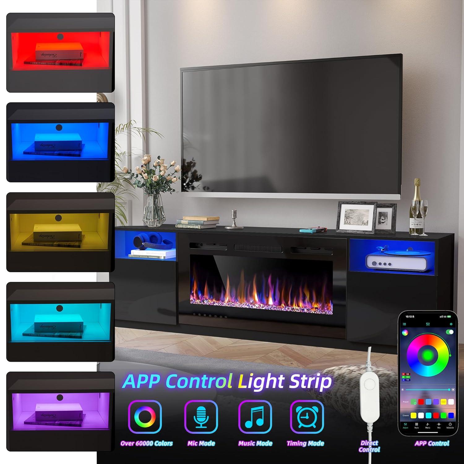 Hohenstein 70'' Fireplace Media Console, LED TV Stand for TVs Up to 80" with 36" Electric Fireplace