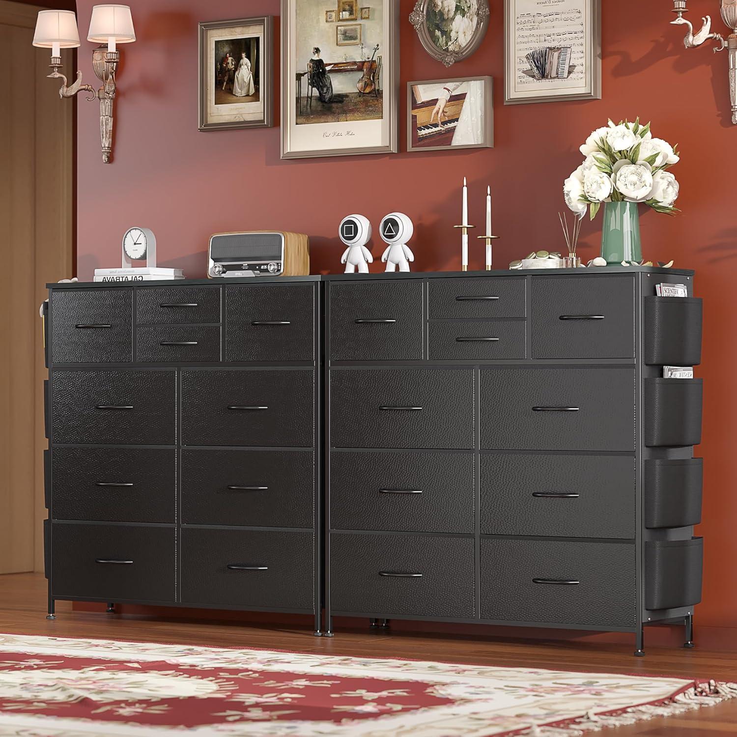 Black 10-Drawer Fabric Dresser with Wood Top and Steel Frame