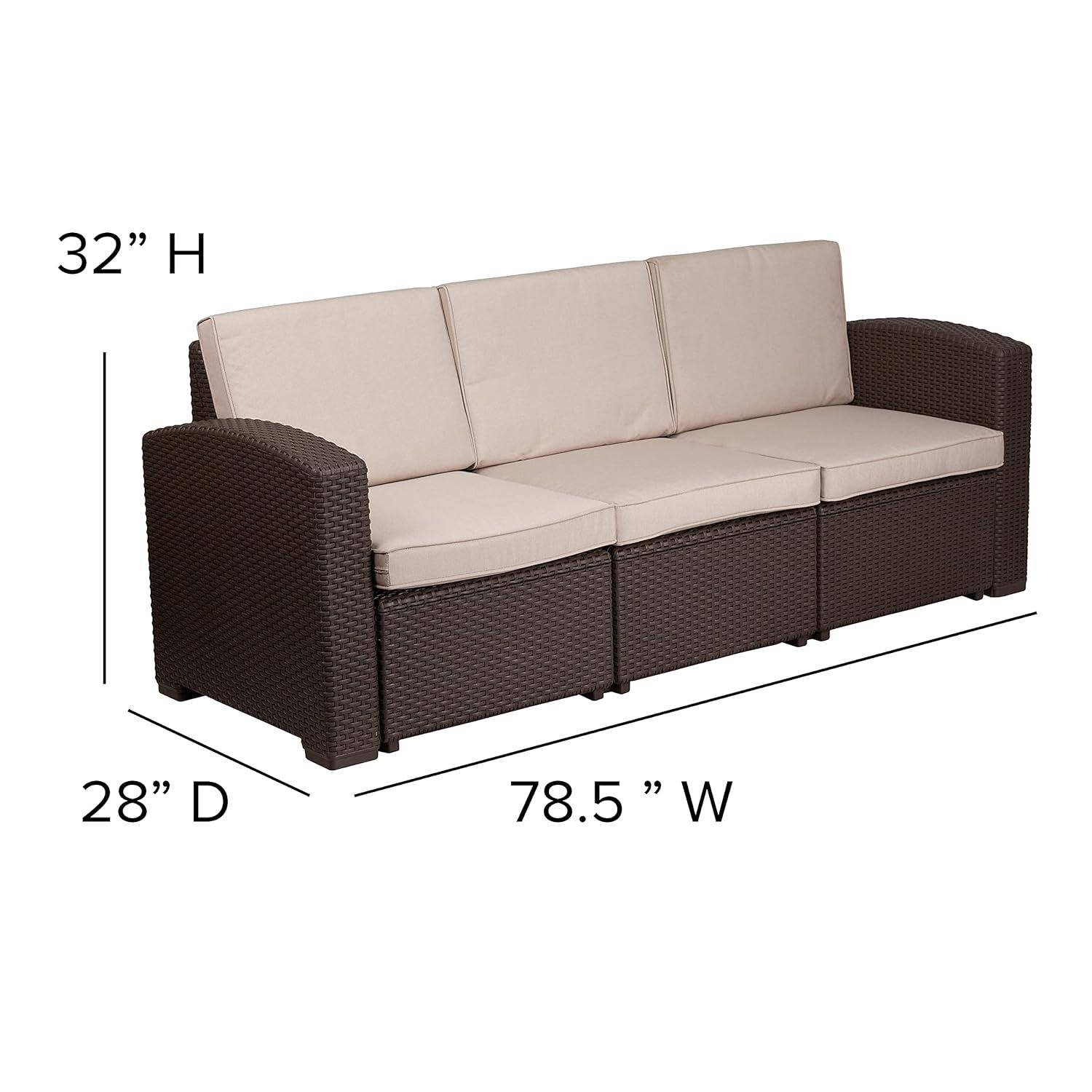 Merrick Lane 4 Piece Dark Gray Faux Rattan Patio Furniture Set with 2 Chairs and Sofa with Removable Light Gray Cushions and Table