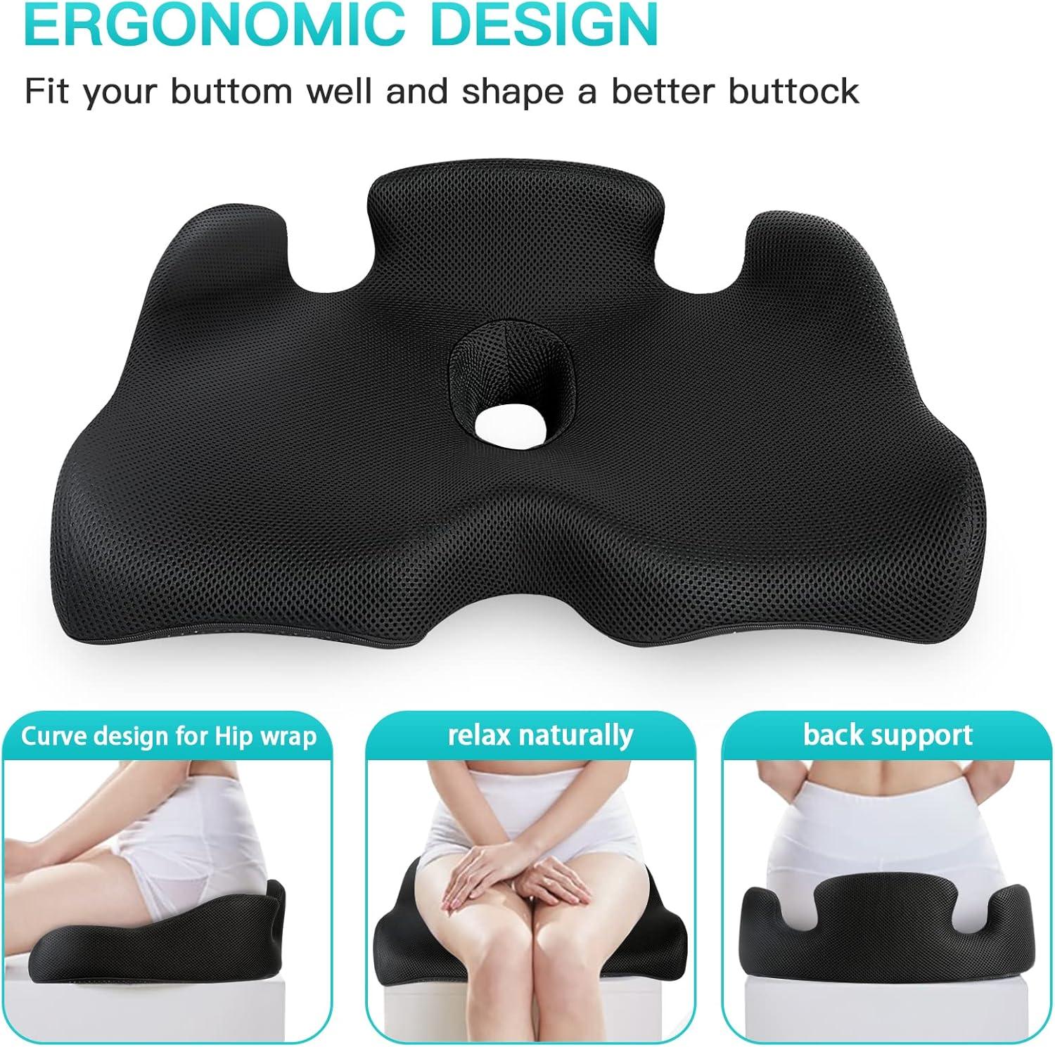 Black Ergonomic Memory Foam Seat Cushion for Pain Relief