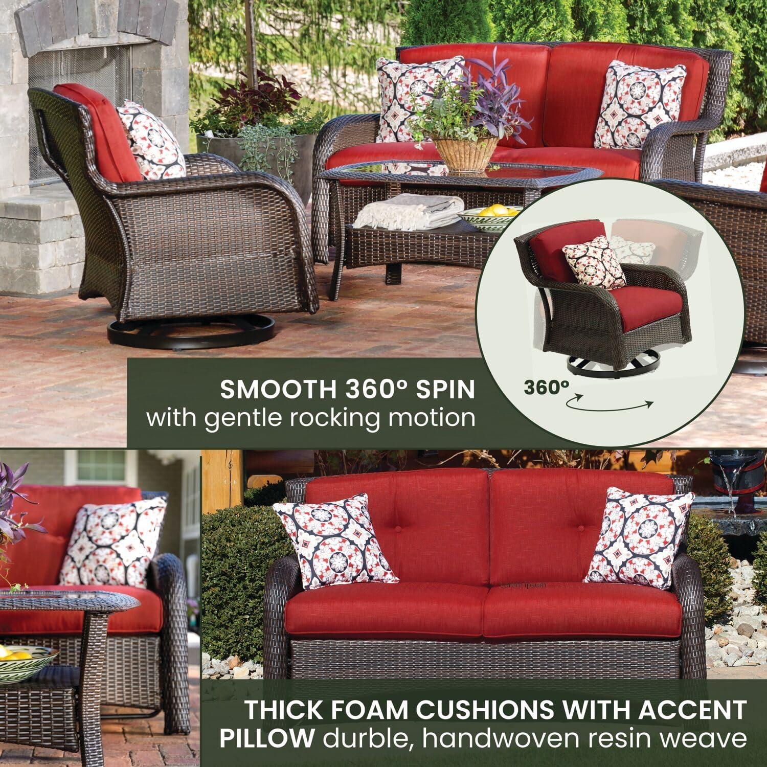 Hanover Strathmere 4-Piece Wicker and Steel Outdoor Conversation Set, Crimson Red