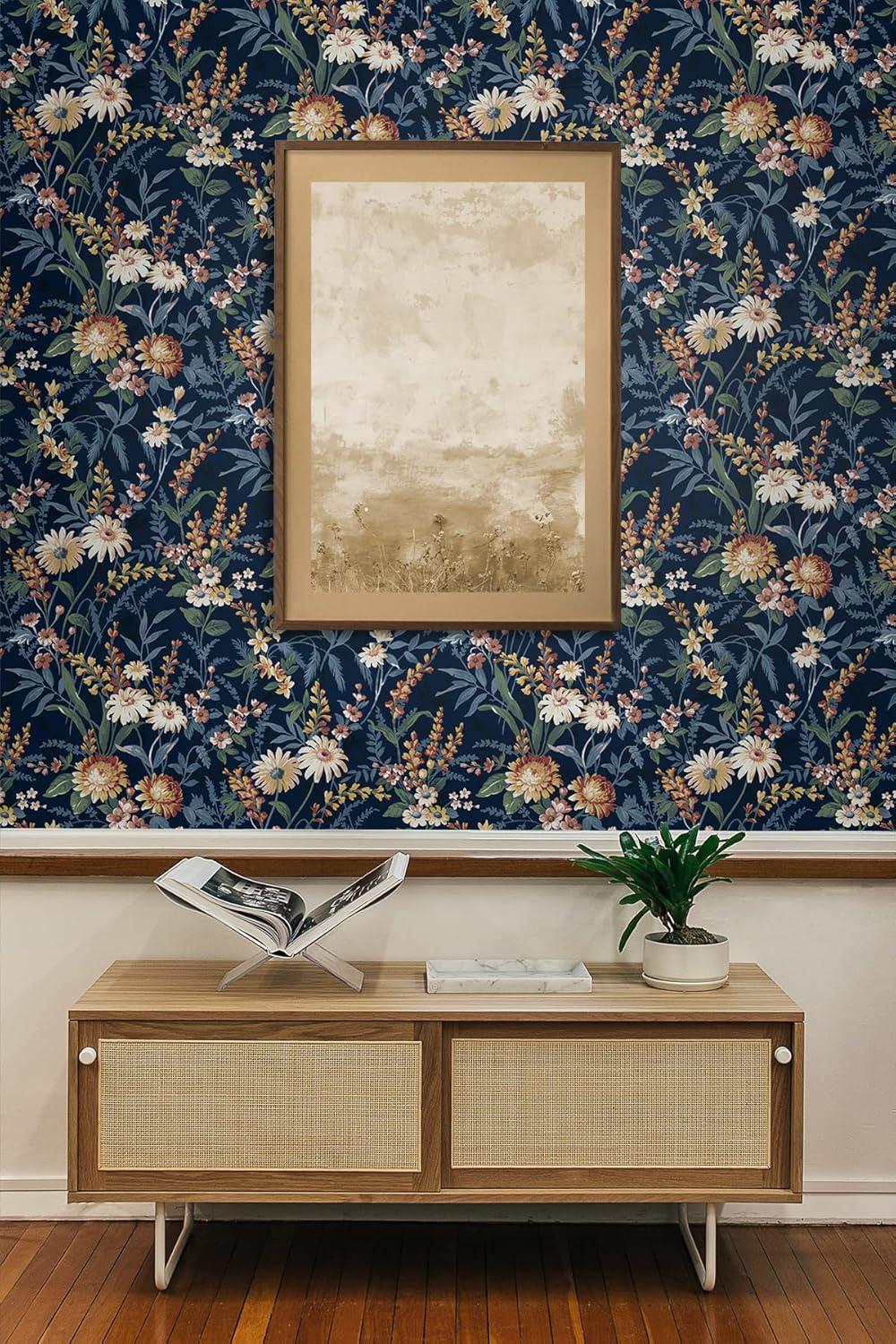 NextWall  Vintage Floral Peel and Stick Wallpaper 20.5 in. W x 18 ft. L - Navy Blue