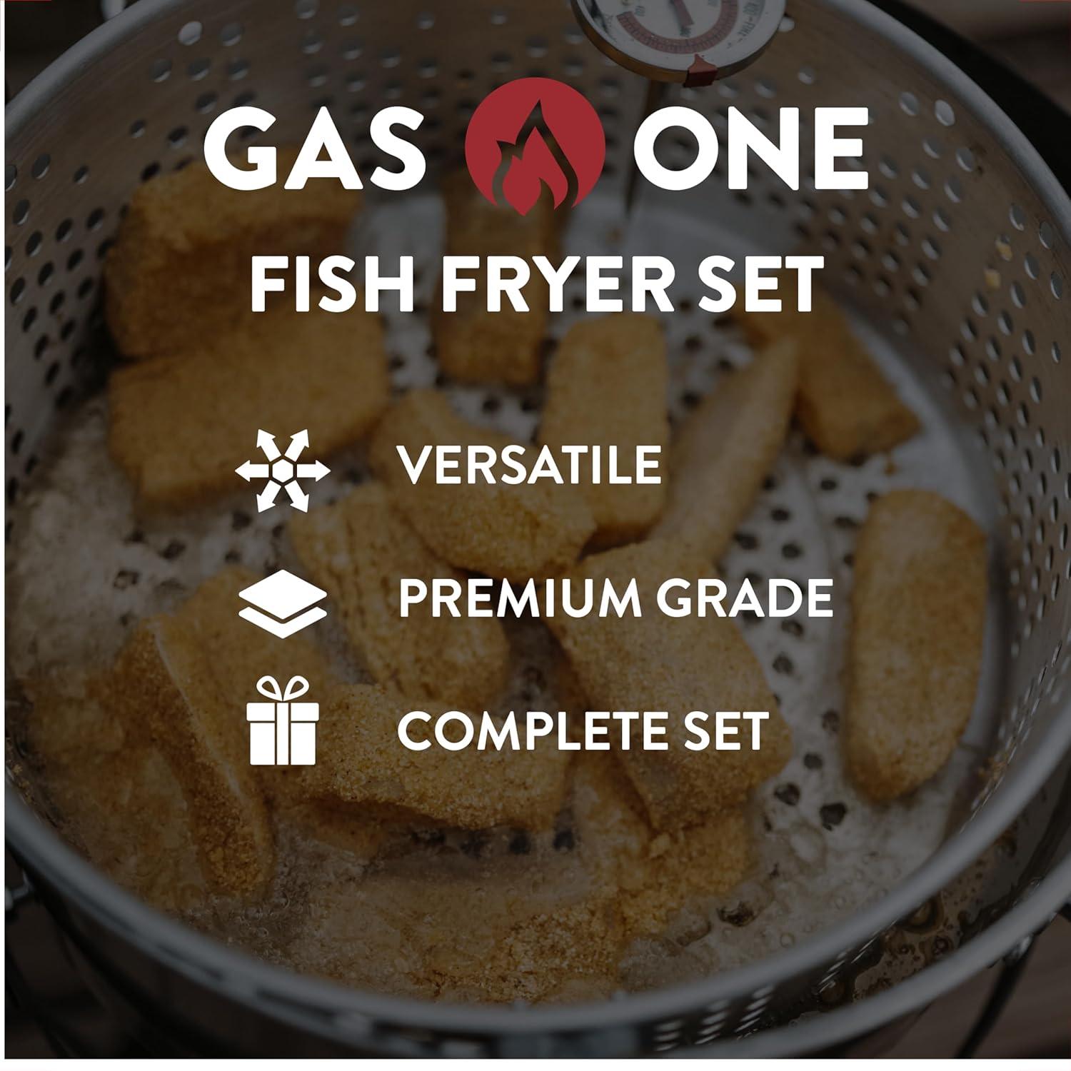 Gas One Propane Deep Fryer with 10Qt Deep Fryer Pot – High Grade Strainer Basket Aluminum Pot for Chicken Wings, Seafood Pot – Propane Burners for Outdoor Cooking Include Thermometer