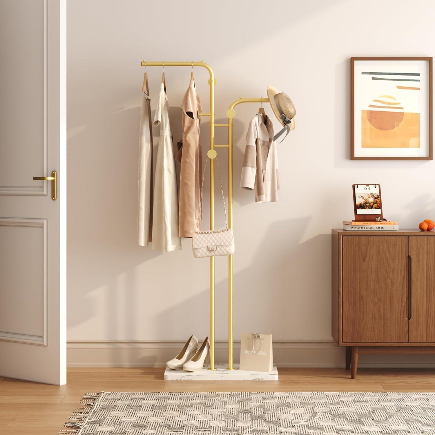Gold Freestanding Metal Coat Rack with Marble Base and 5 Hooks